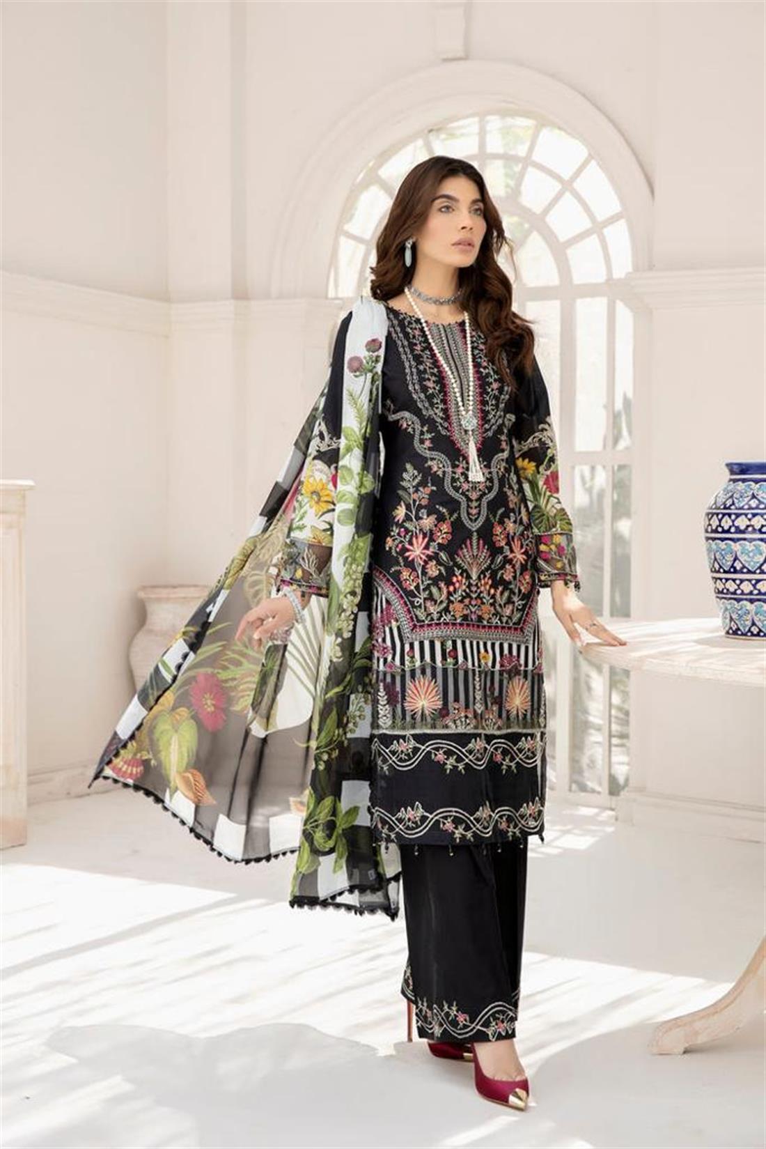 Black Embroidered Lawn 3 Piece Stiched Cotton Readymade Salwar Suit