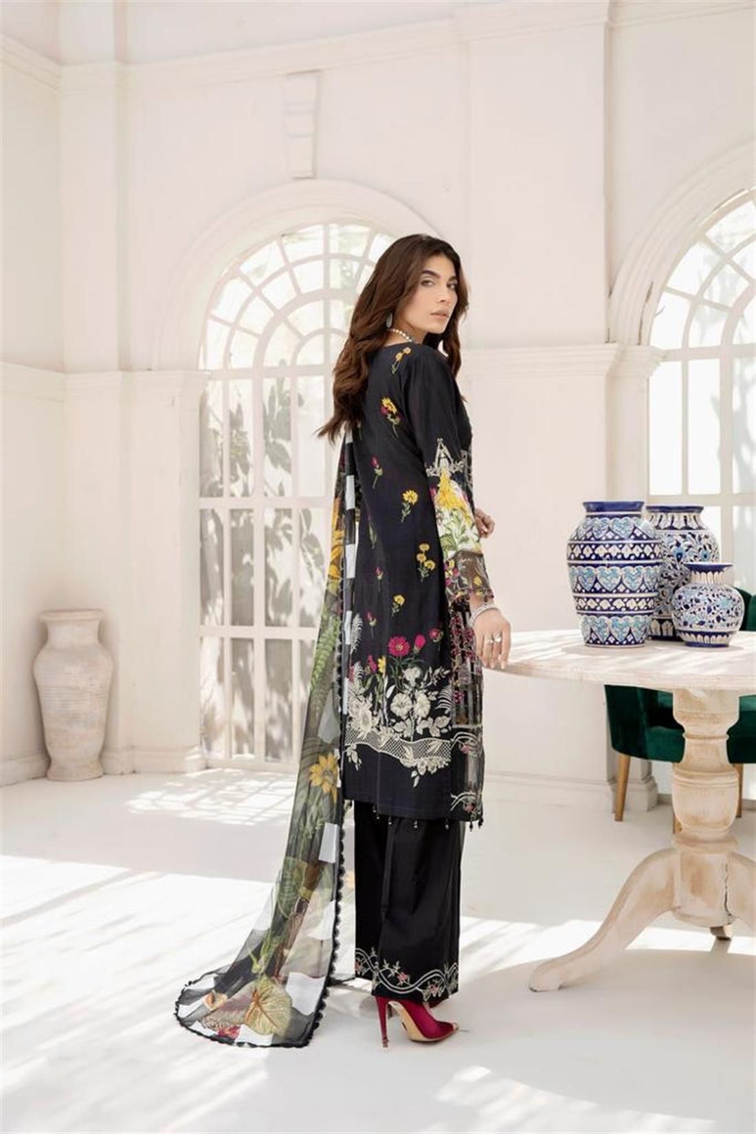 Black Embroidered Lawn 3 Piece Stiched Cotton Readymade Salwar Suit