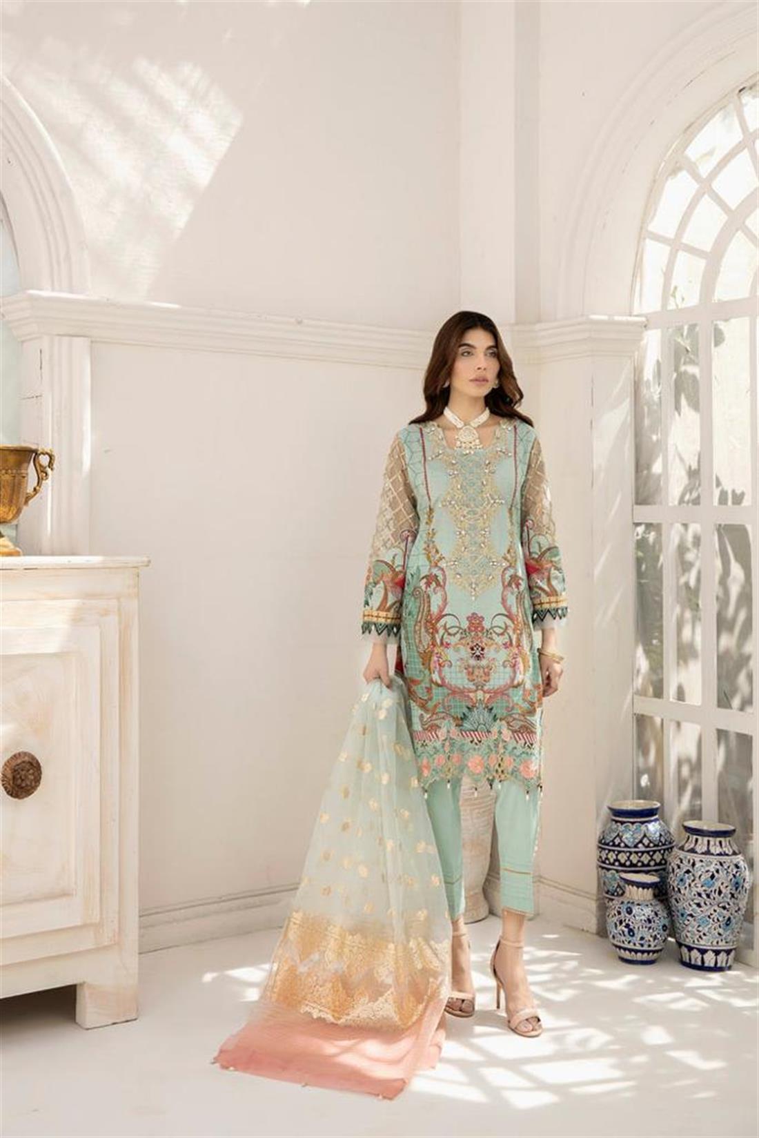 Mint Blue Embroidered Organza Ladies Readymade