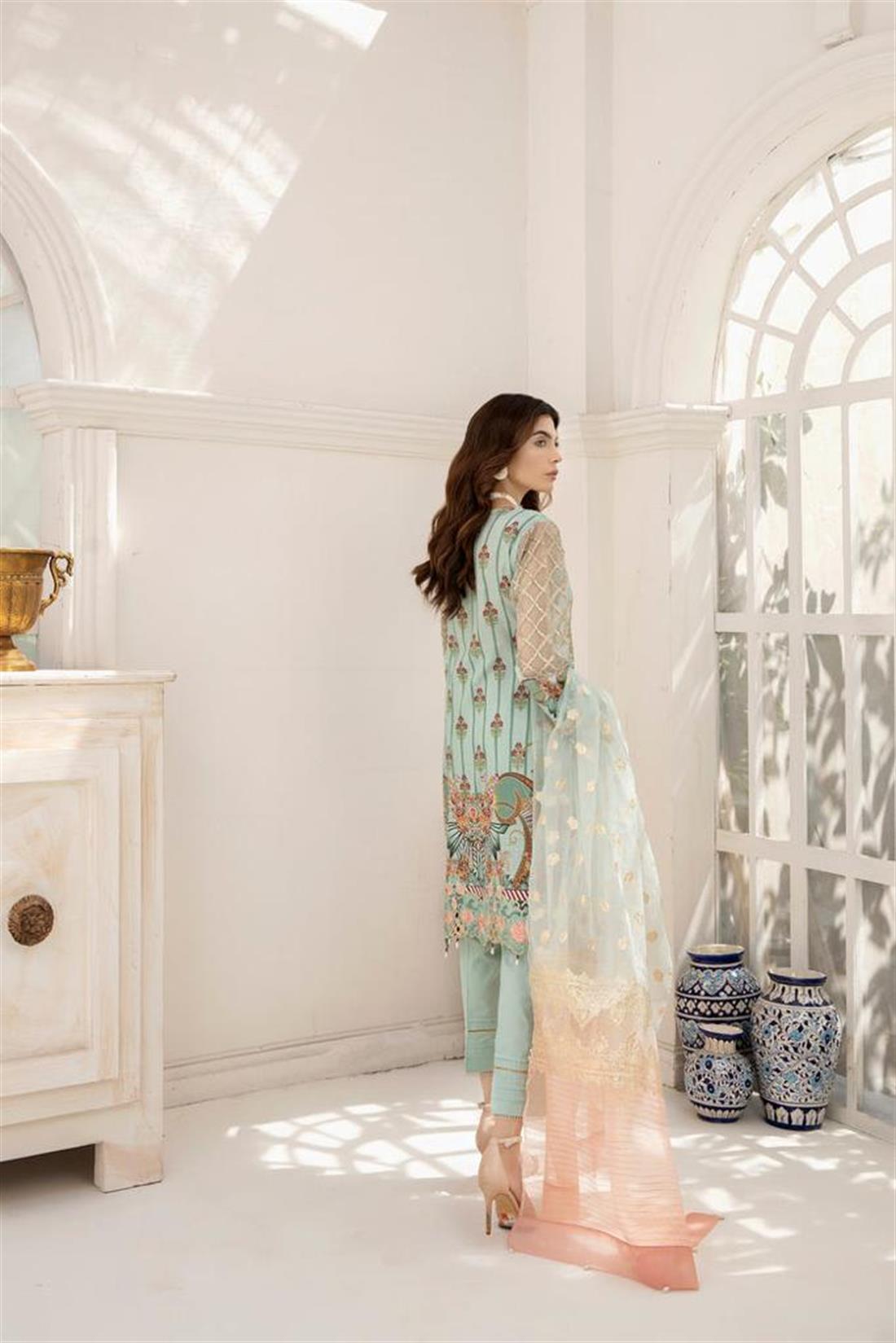 Mint Blue Embroidered Organza Ladies Readymade