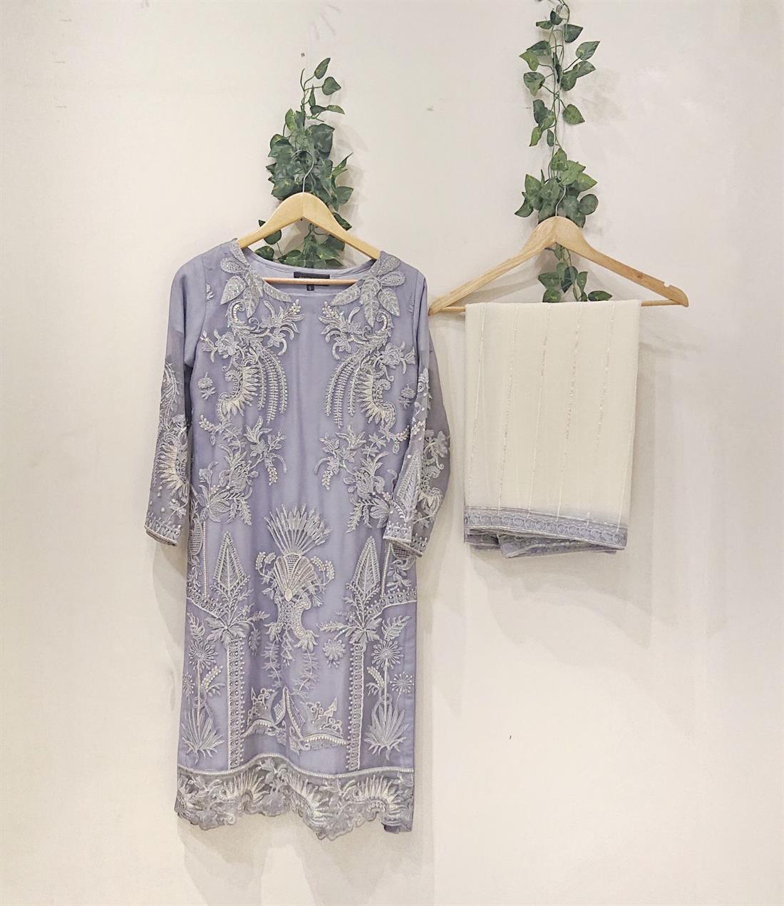 Grey Heavy Embroidered Kameez with Dupatta