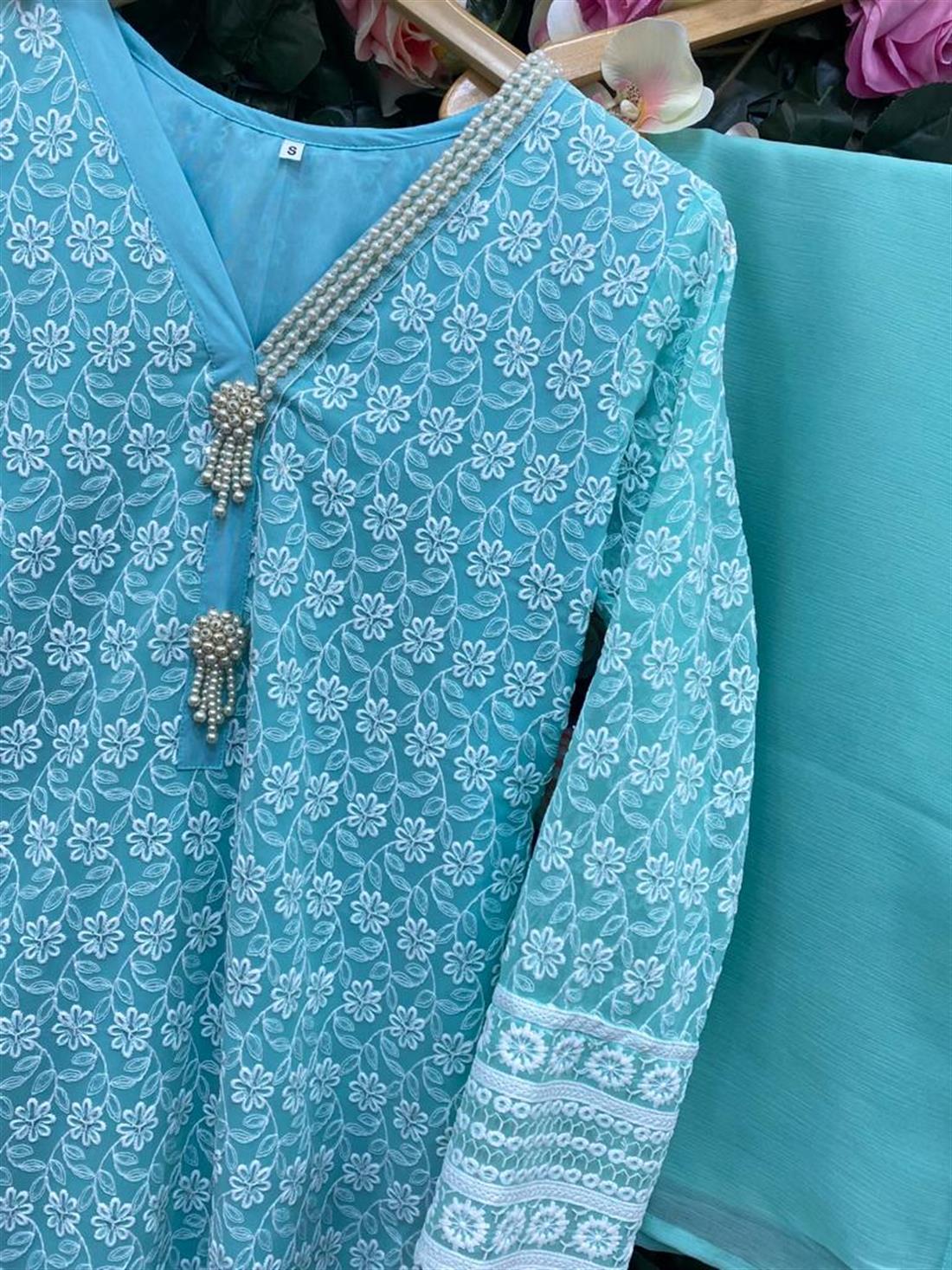 Aqua Blue Embroidered Peach Chickenkari Kameez with Chiffon Dupatta
