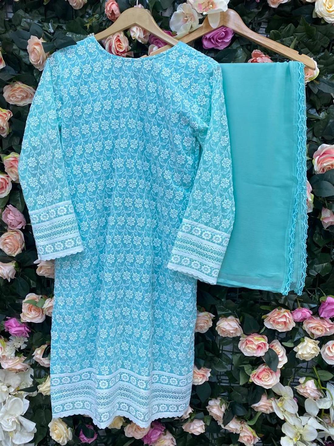 Aqua Blue Embroidered Peach Chickenkari Kameez with Chiffon Dupatta