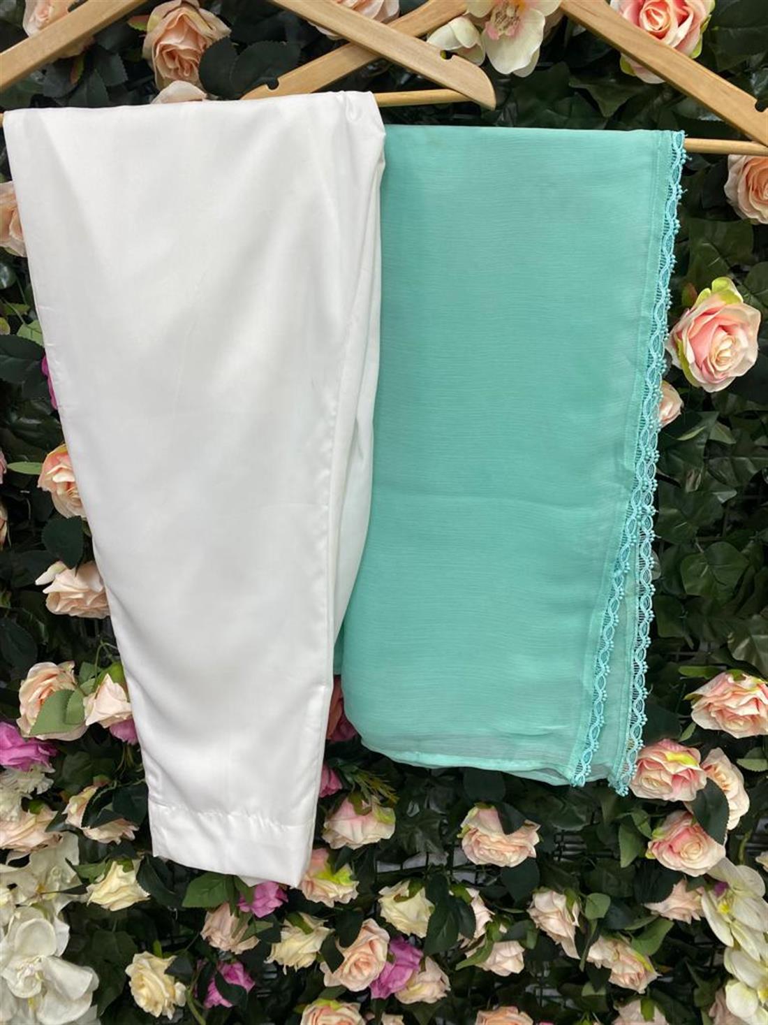 Aqua Blue Embroidered Peach Chickenkari Kameez with Chiffon Dupatta