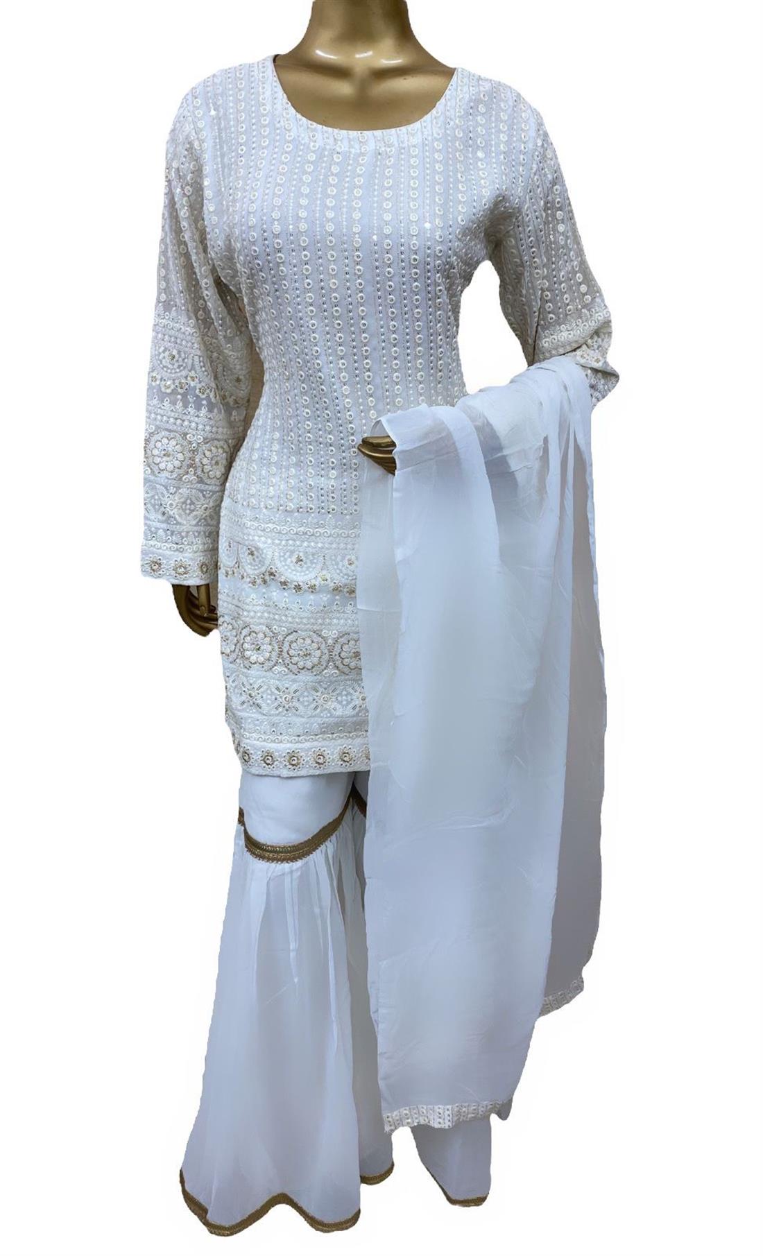 White Embroidered 3 Piece Stunning Chikankari Chiffon Suit with Gharara