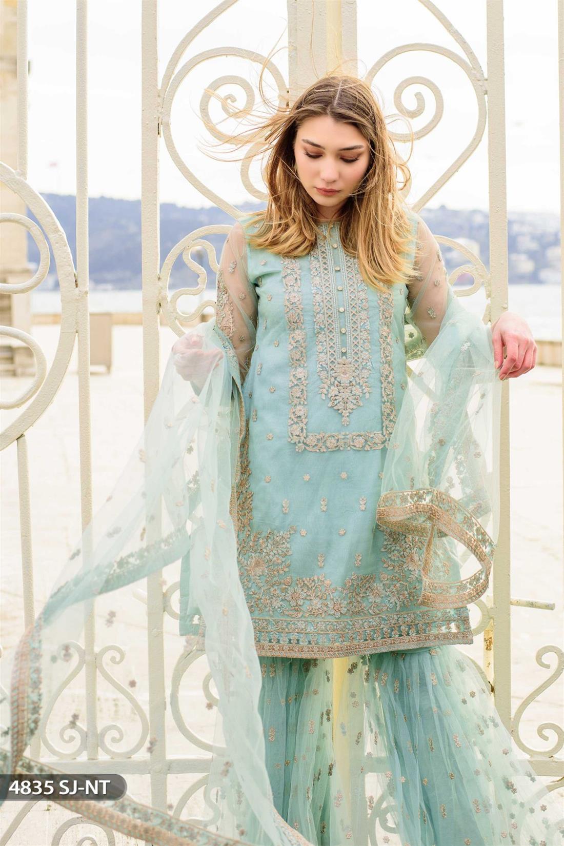 Ferozi Net 3 Piece Heavy Embroidered Shirt with Gharara