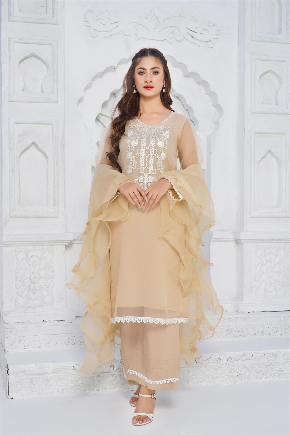 Beige Sequinned Organza Shirt with Frill Dupatta & Palazzo