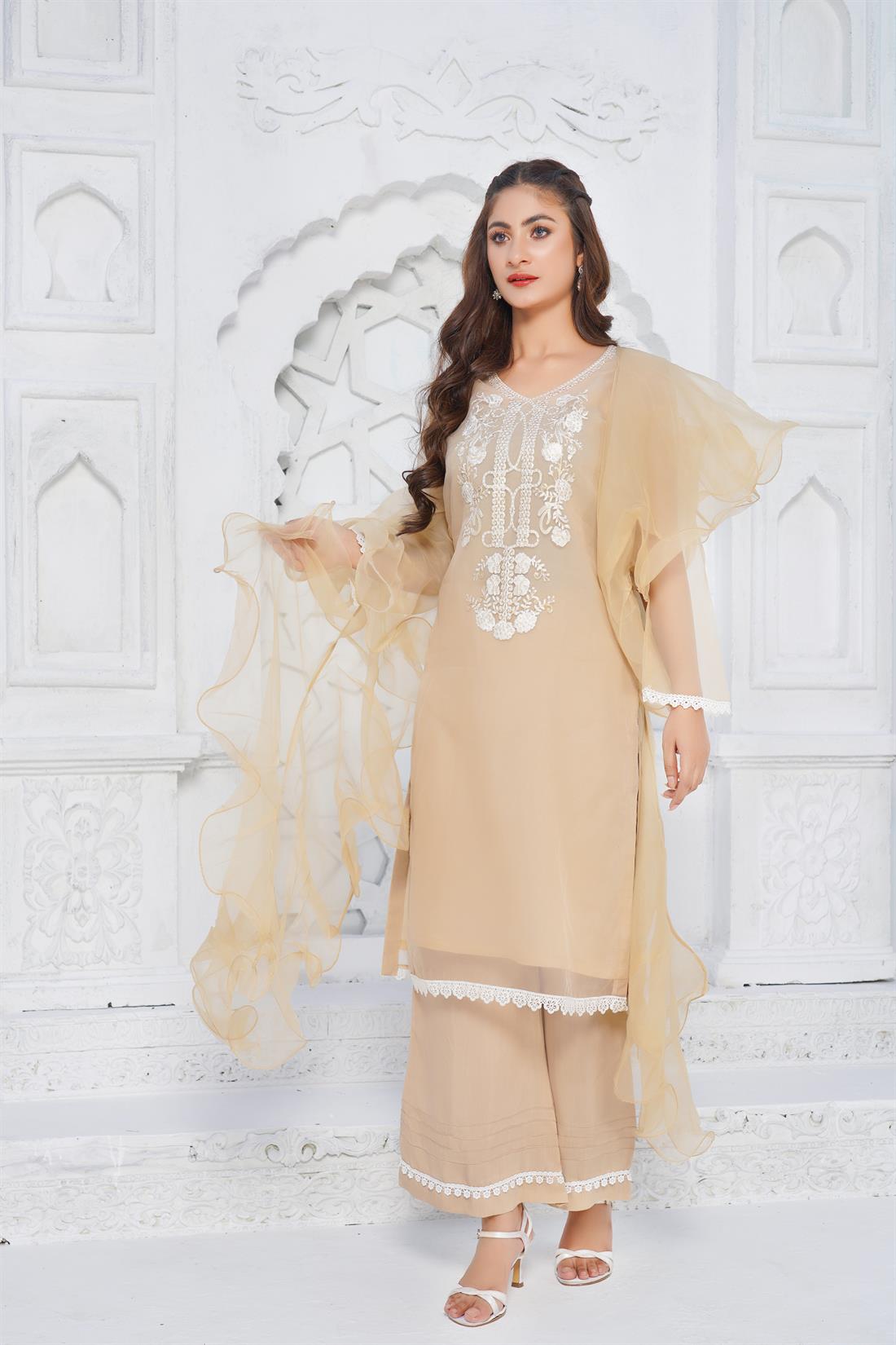 Beige Sequinned Organza Shirt with Frill Dupatta & Palazzo
