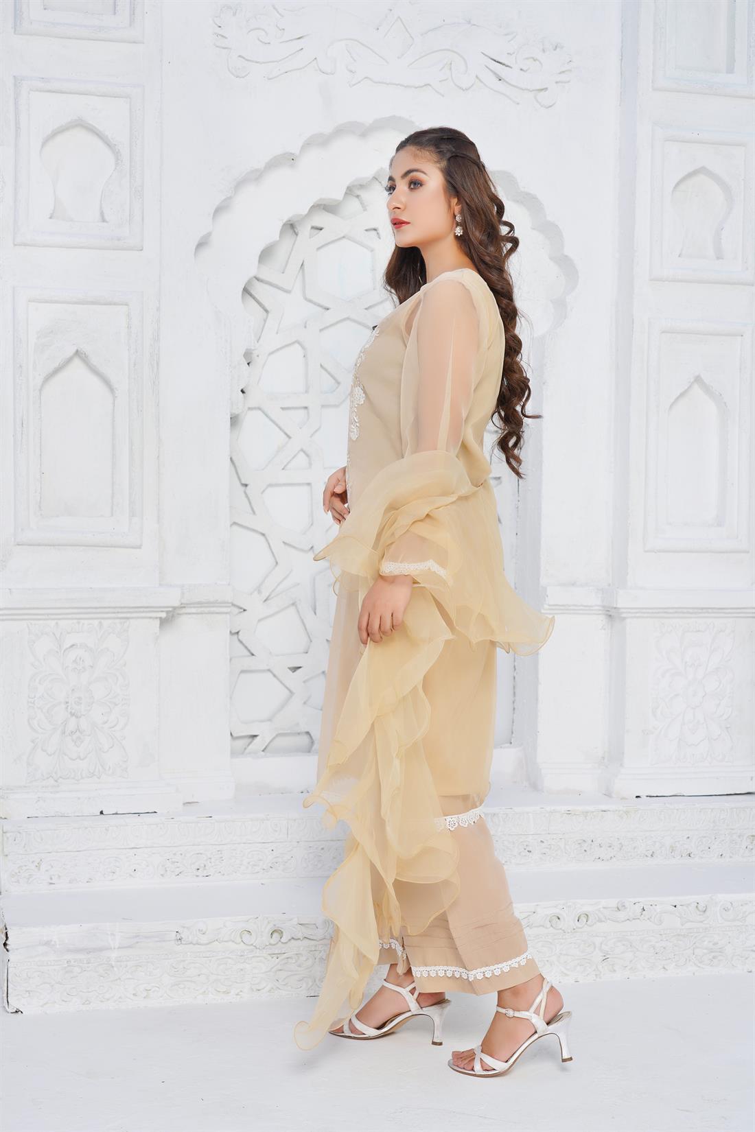 Beige Sequinned Organza Shirt with Frill Dupatta & Palazzo