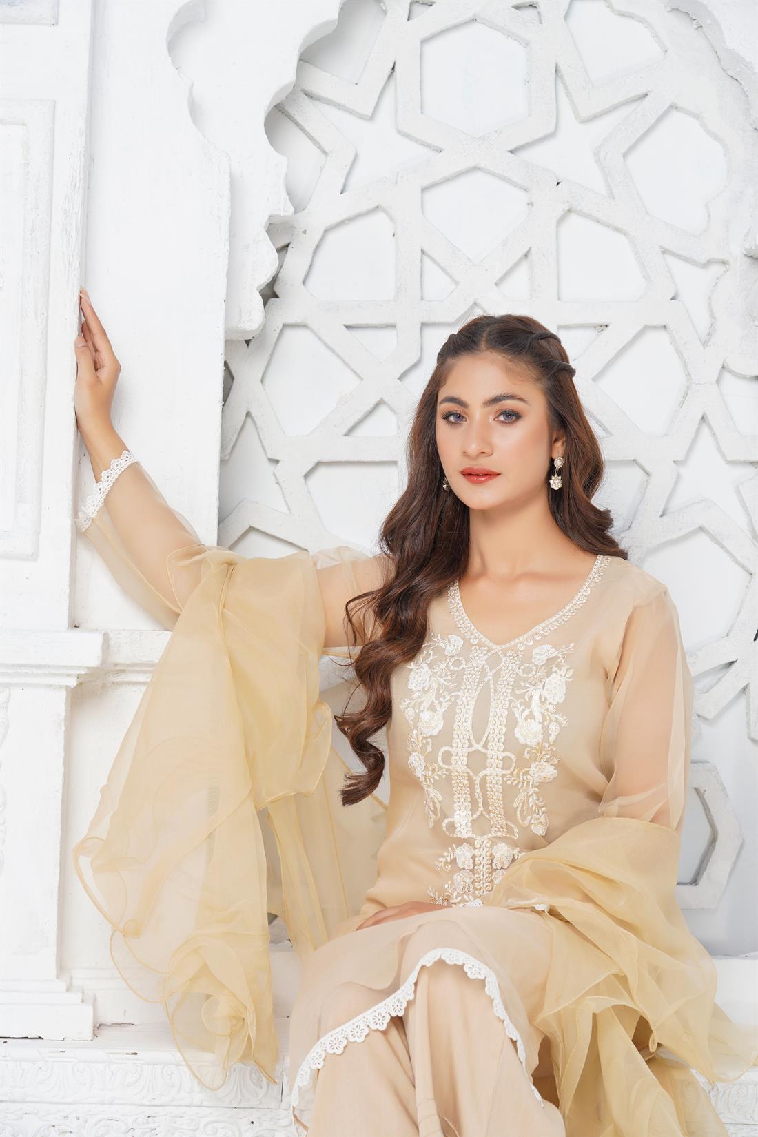 Beige Sequinned Organza Shirt with Frill Dupatta & Palazzo