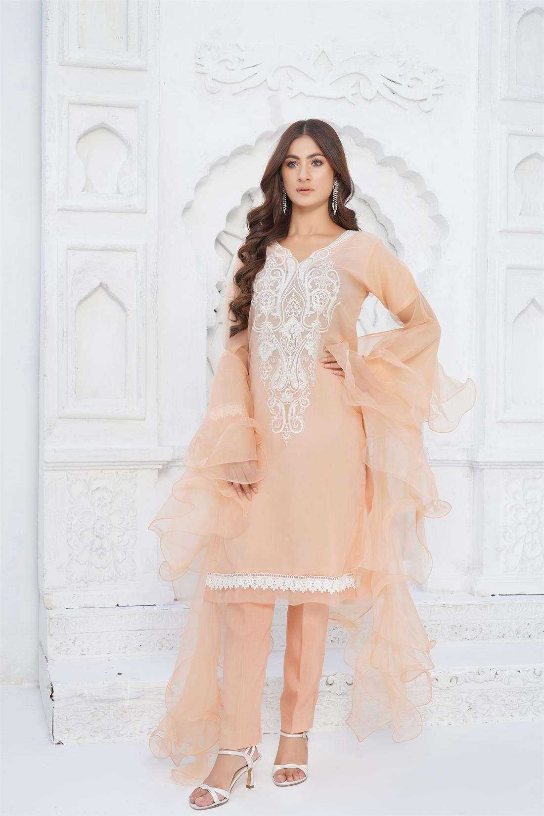 Peach Organza Shirt with Frill Dupatta & Trouser