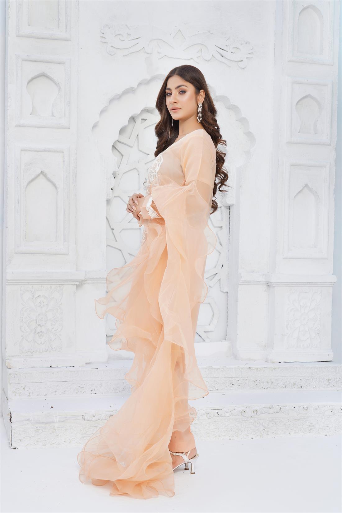 Peach Organza Shirt with Frill Dupatta & Trouser