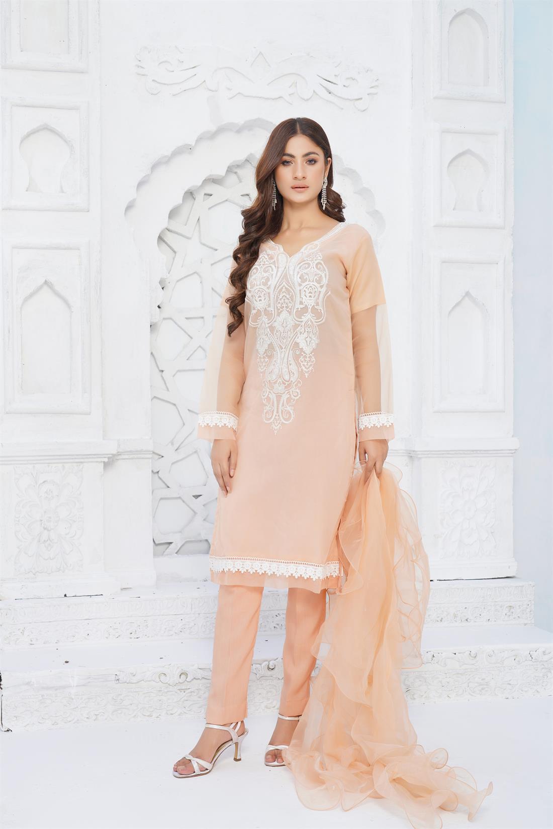 Peach Organza Shirt with Frill Dupatta & Trouser