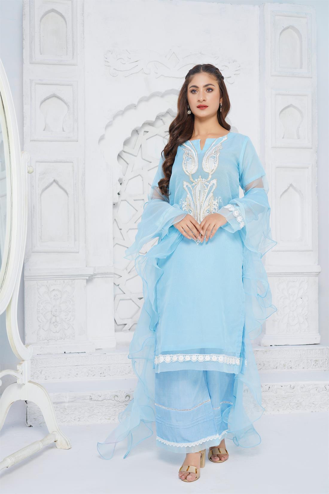 Sky Blue Sequinned Palazzo Organza Salwar Suit with Frill Dupatta