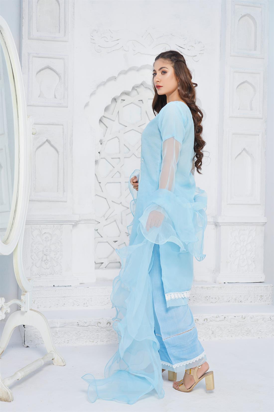 Sky Blue Sequinned Palazzo Organza Salwar Suit with Frill Dupatta