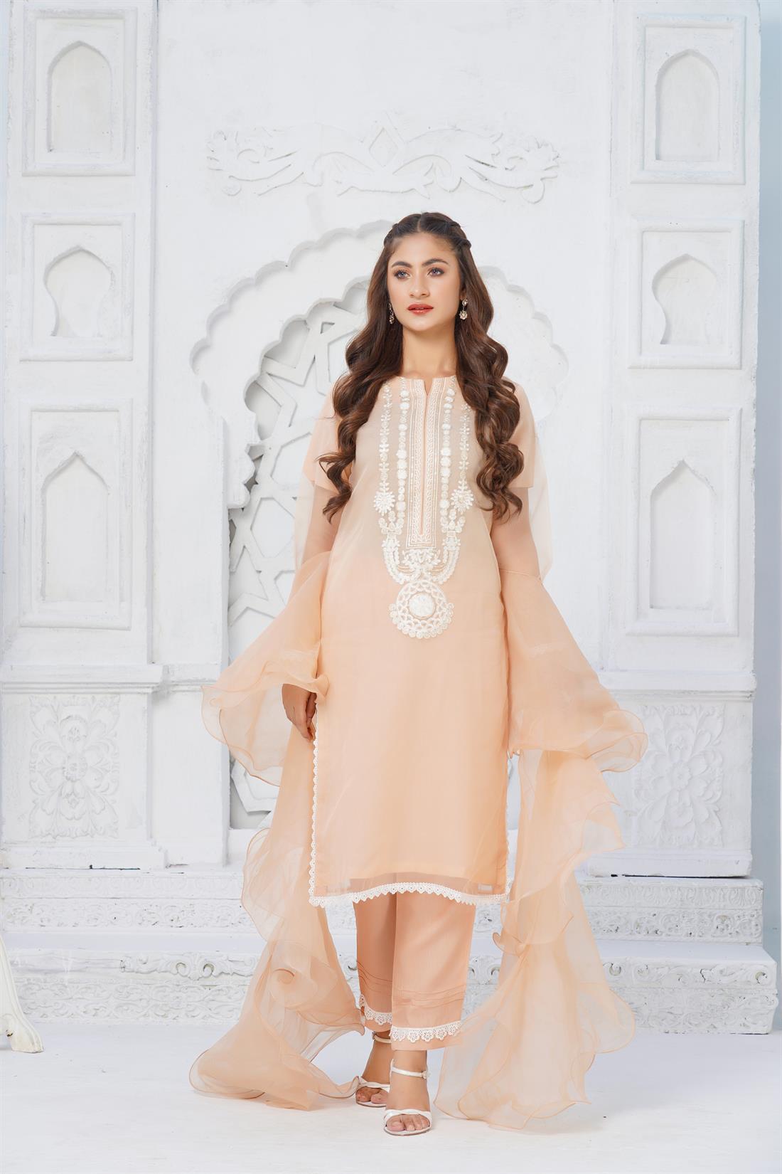 Peach Sequinned Organza Embroidered Salwar Kameez with Dupatta