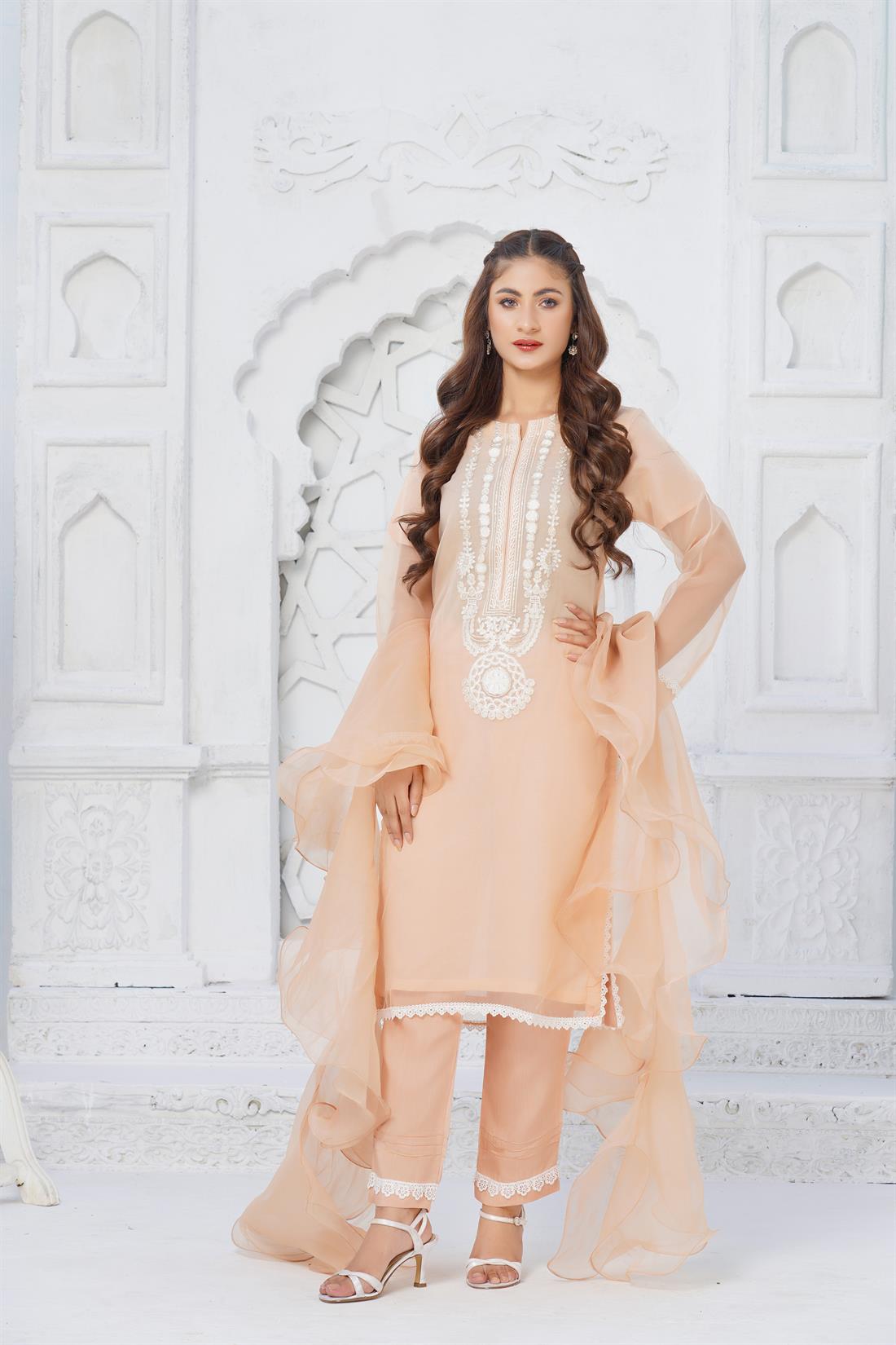 Peach Sequinned Organza Embroidered Salwar Kameez with Dupatta