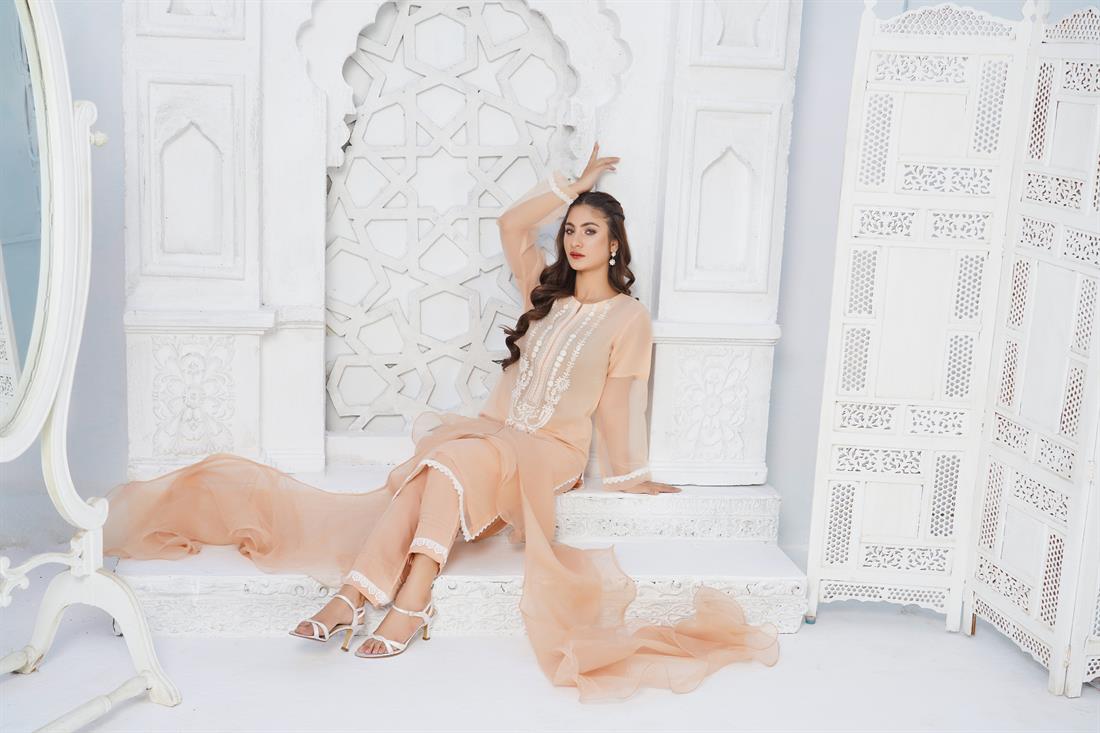 Peach Sequinned Organza Embroidered Salwar Kameez with Dupatta