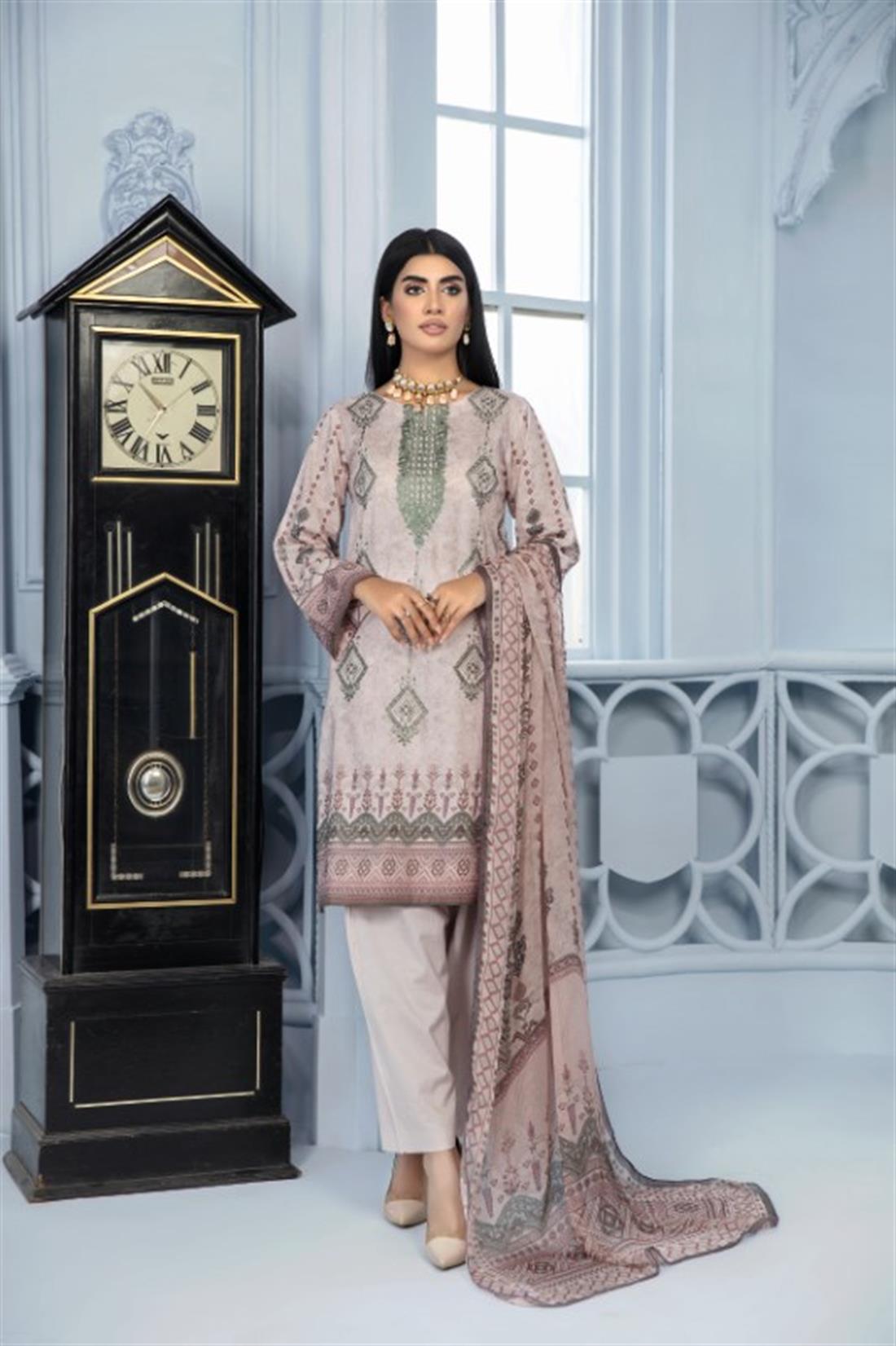 Light Pink Embroidered Chiffon Printed Lawn Salwar Suit with Dupatta