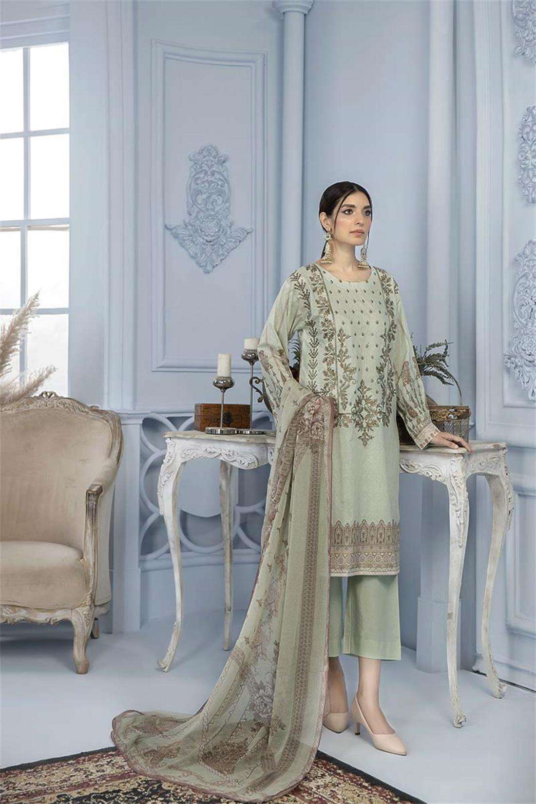 Mint Green Embroidered Chiffon 3 Piece Heavy Printed Lawn Salwar Suit