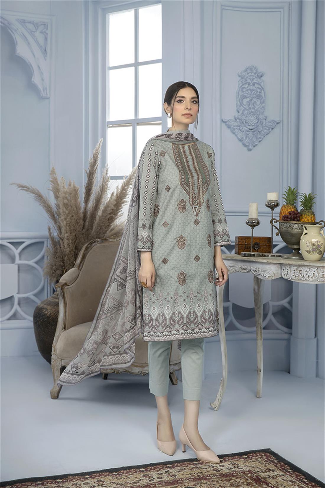 Blue & Grey Embroidered Chiffon 3 Piece Blue/Grey Heavy Printed Lawn Salwar Suit
