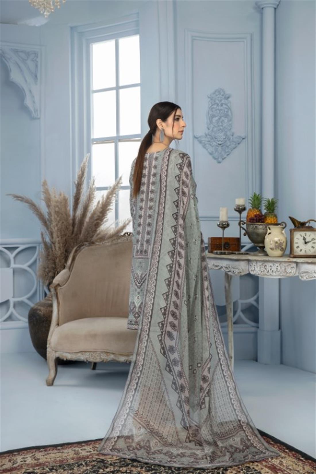 Blue & Grey Embroidered Chiffon 3 Piece Blue/Grey Heavy Printed Lawn Salwar Suit