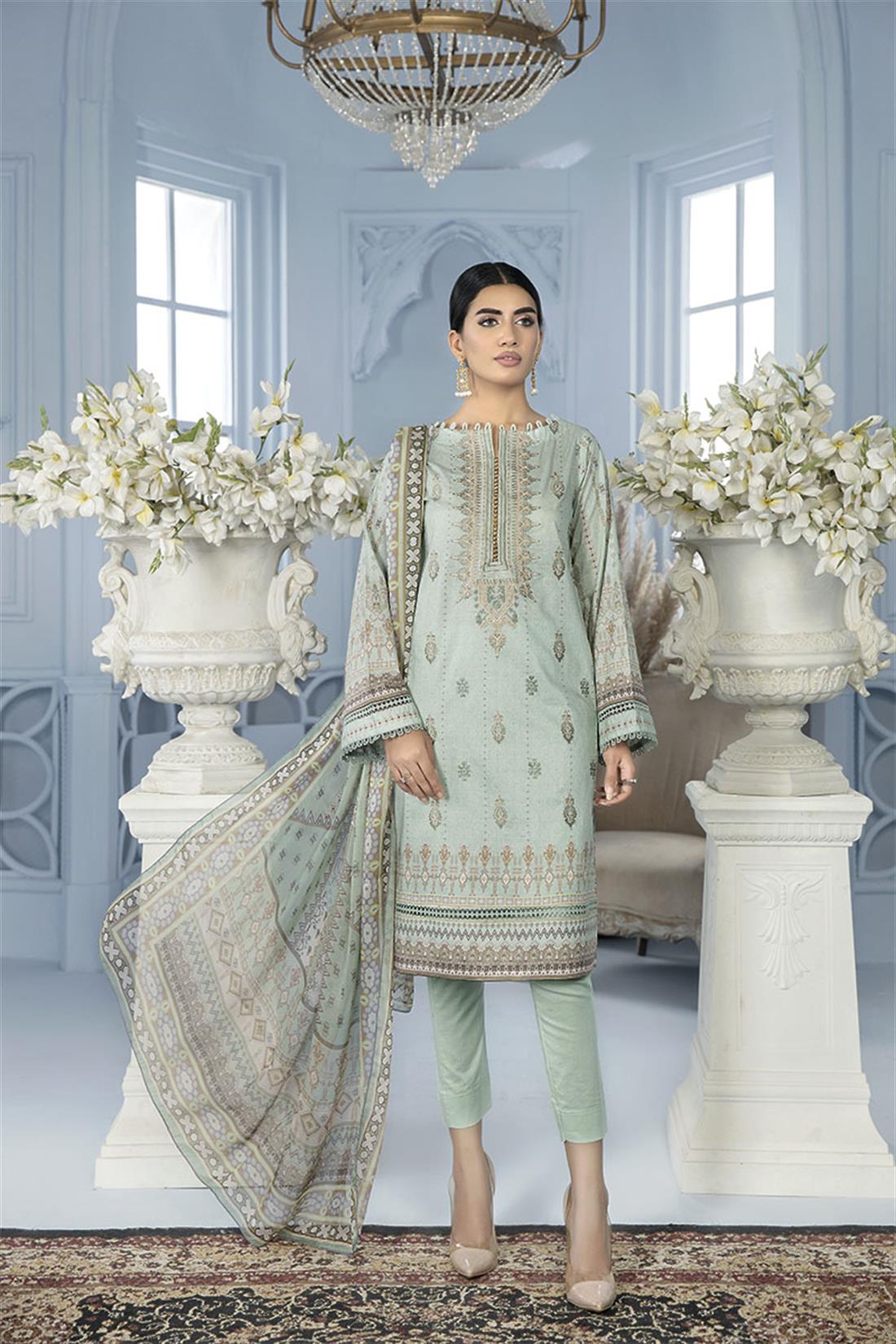 Light Mint Embroidered Chiffon Printed Lawn Salwar Kameez with Dupatta