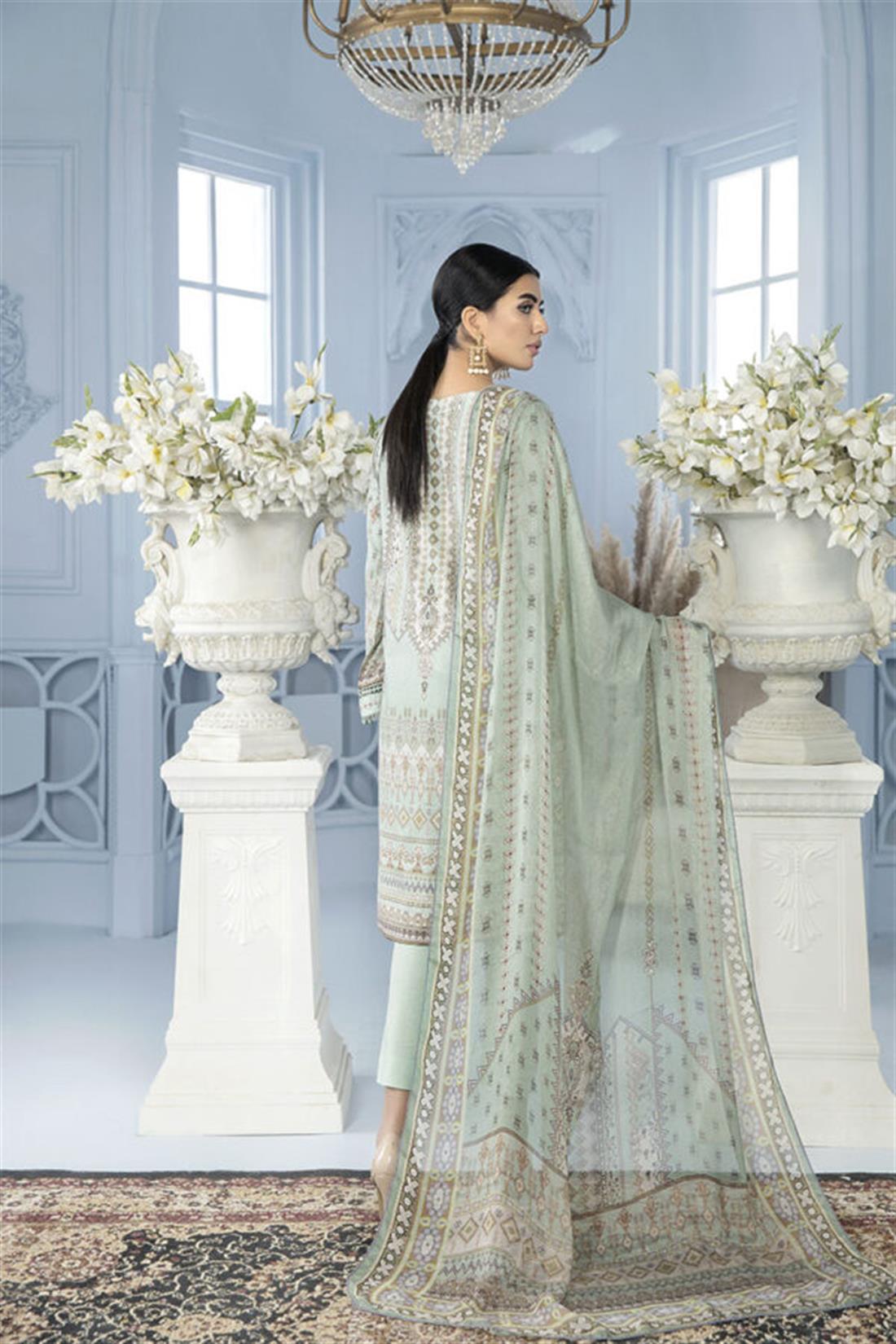 Light Mint Embroidered Chiffon Printed Lawn Salwar Kameez with Dupatta