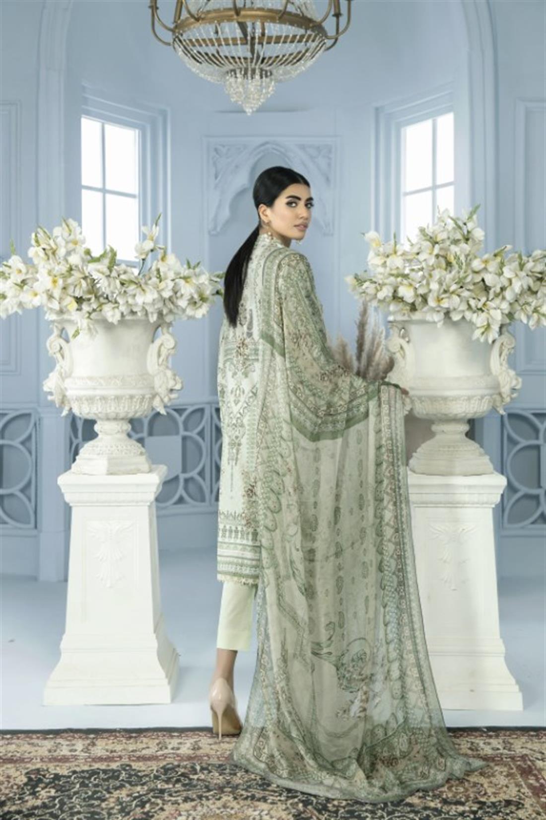 Mint Embroidered Chiffon Digital Printed Salwar Kameez with Dupatta
