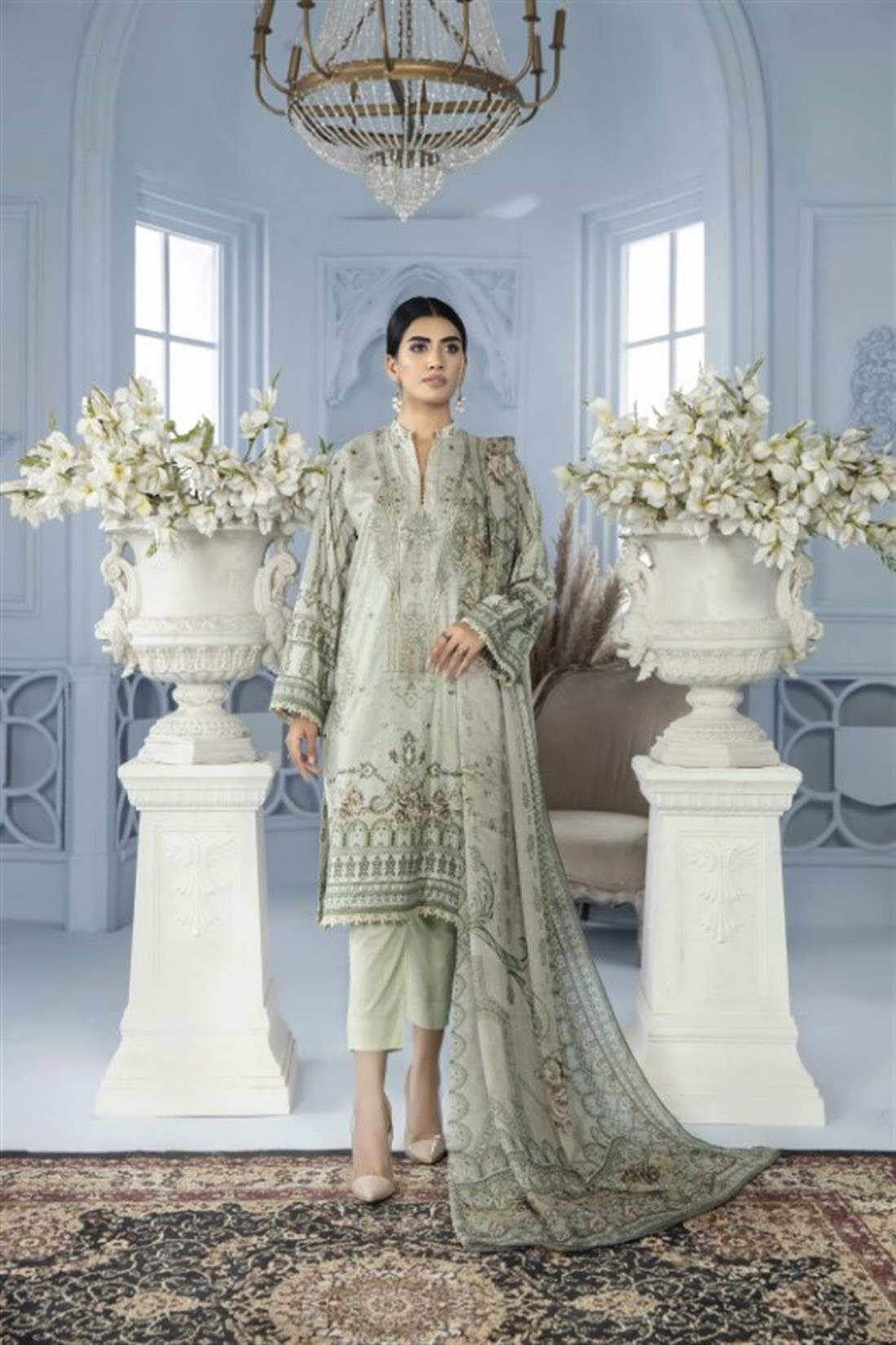 Mint Embroidered Chiffon Digital Printed Salwar Kameez with Dupatta