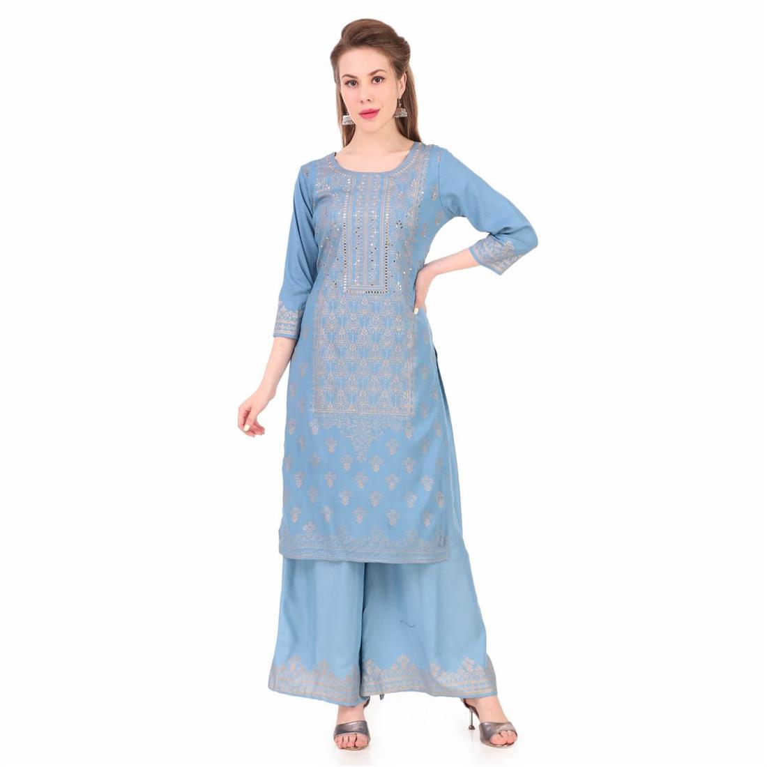 Sky Blue Black Rayon 3 Piece Readymade Suit with Gharara