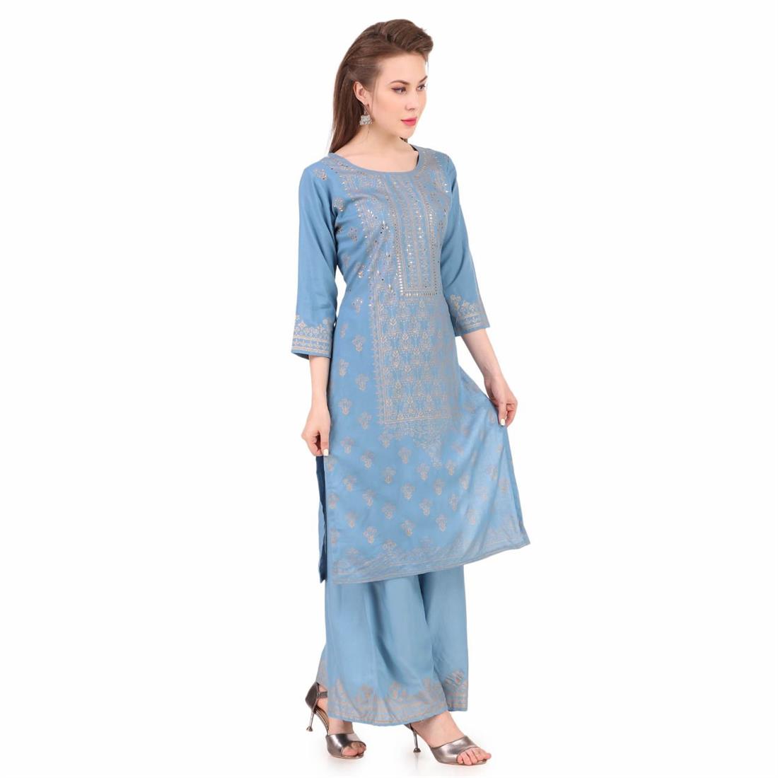 Sky Blue Black Rayon 3 Piece Readymade Suit with Gharara