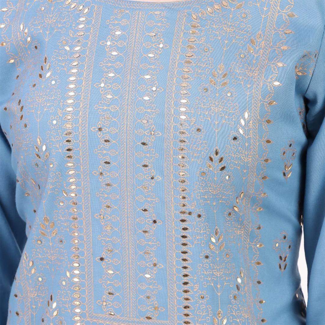 Sky Blue Black Rayon 3 Piece Readymade Suit with Gharara