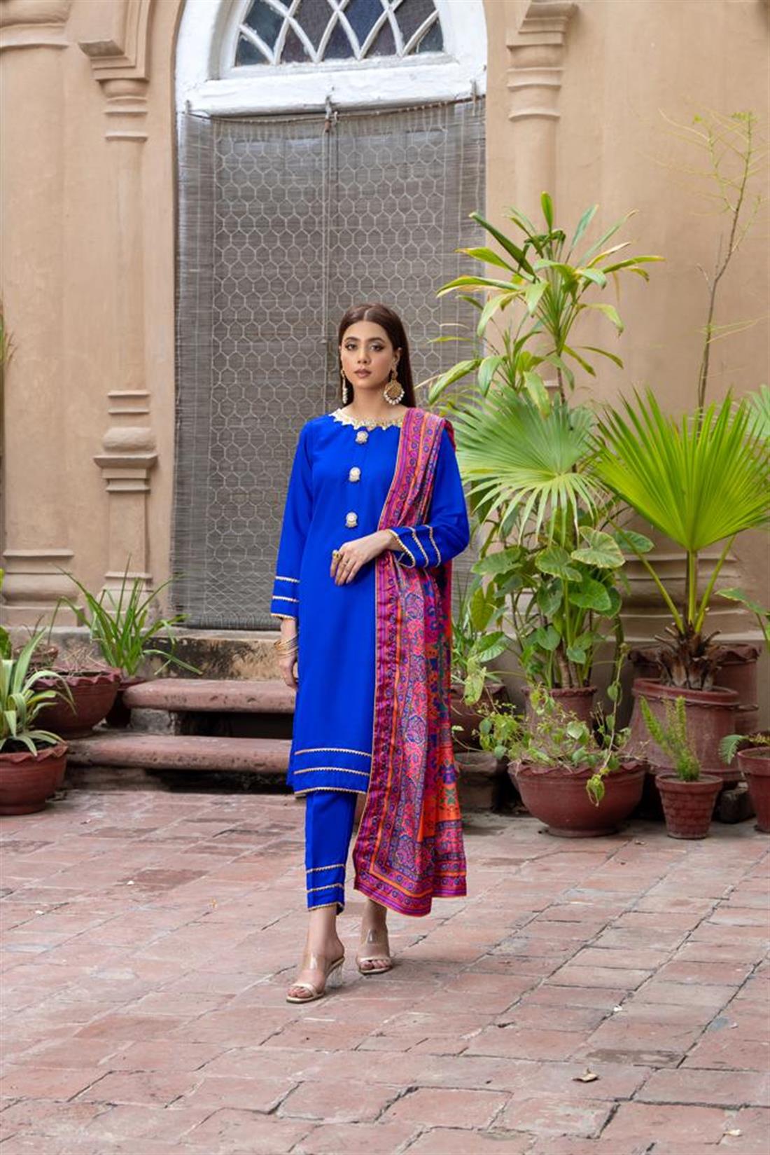 Royel Blue 3 Piece Royal Raw Silk Suit with Printed Dupatta