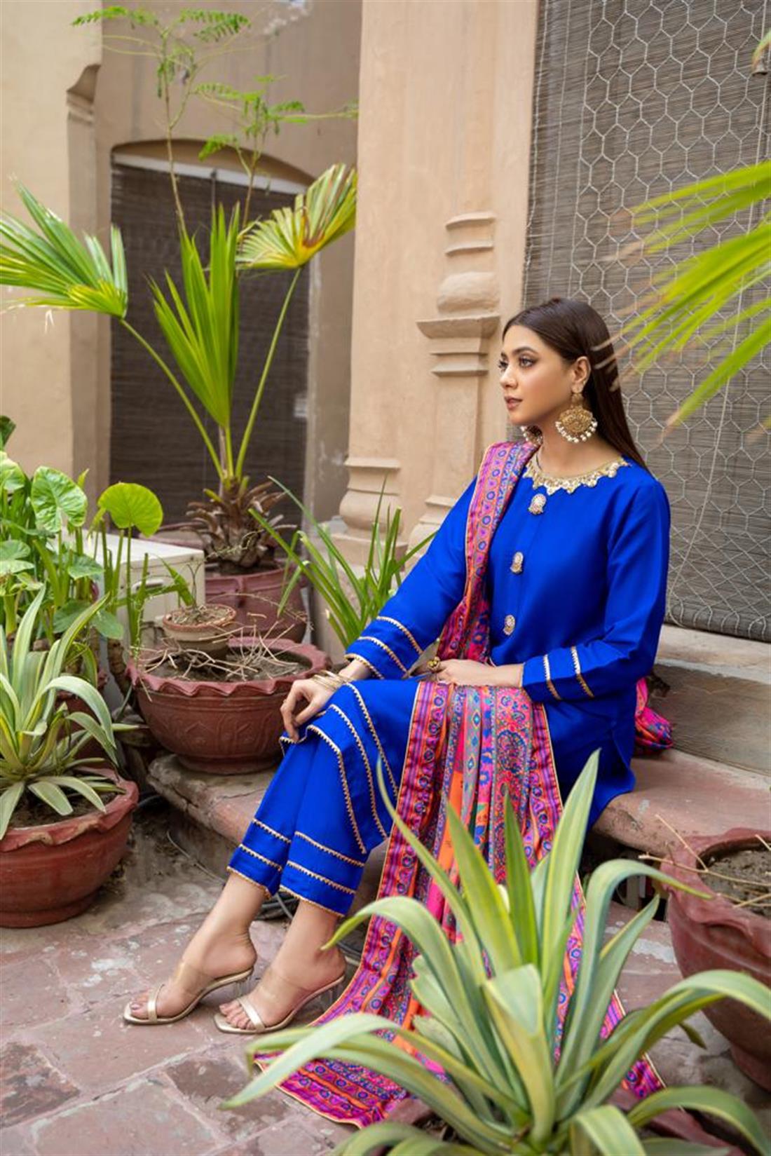 Royel Blue 3 Piece Royal Raw Silk Suit with Printed Dupatta