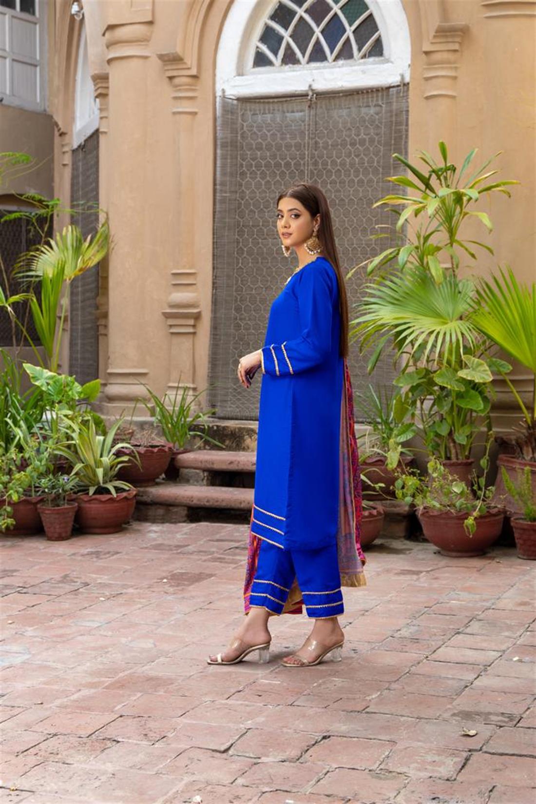 Royel Blue 3 Piece Royal Raw Silk Suit with Printed Dupatta