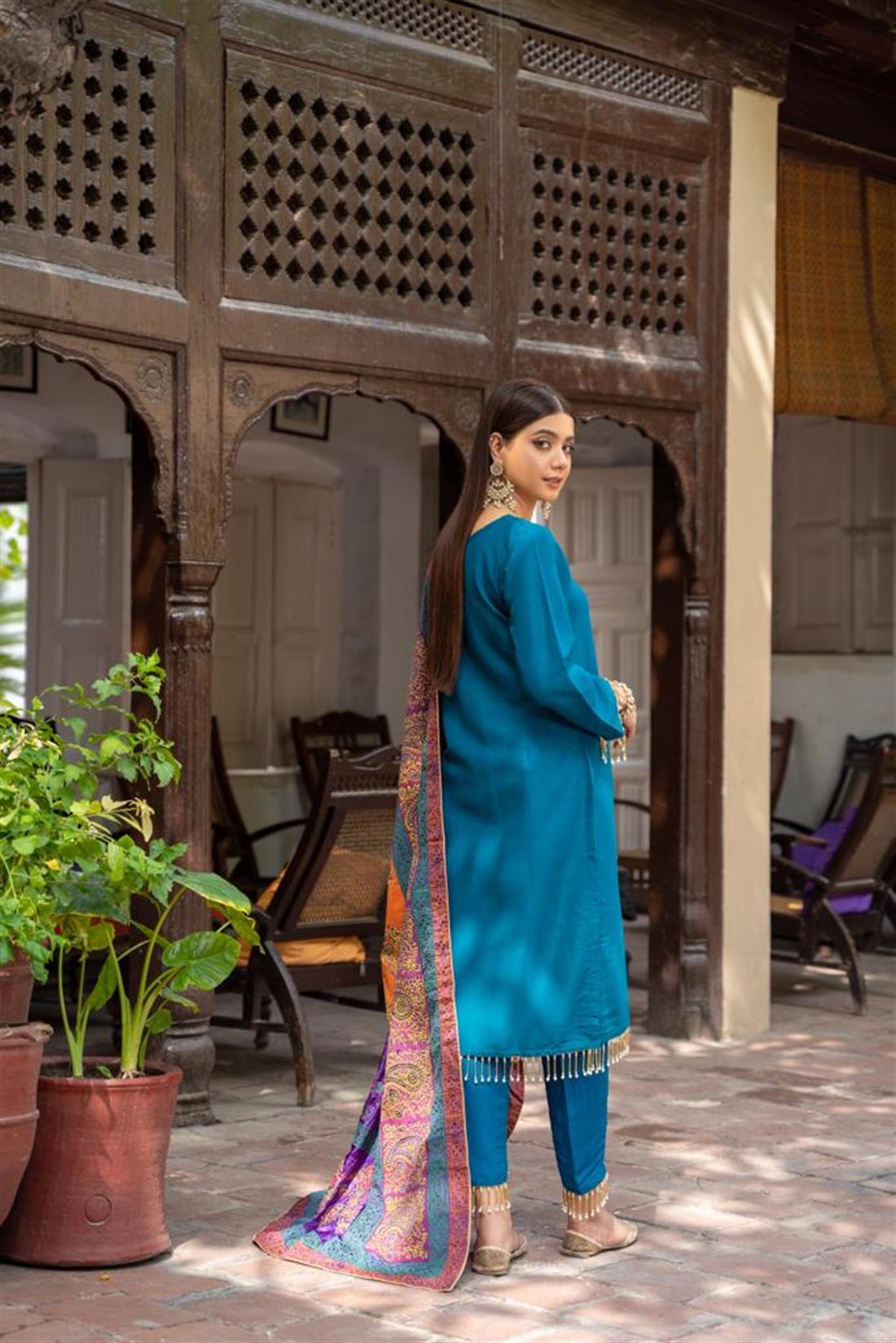 Teal 3 Piece Raw Silk Salwar Kameez with Printed Dupatta