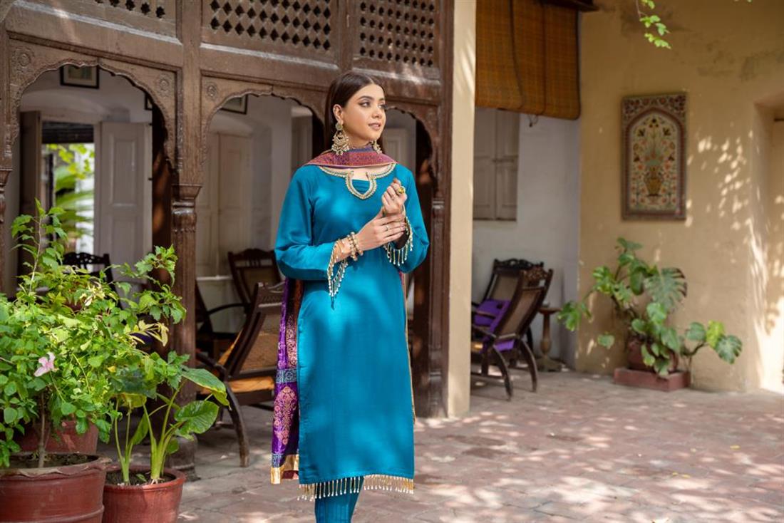 Teal 3 Piece Raw Silk Salwar Kameez with Printed Dupatta