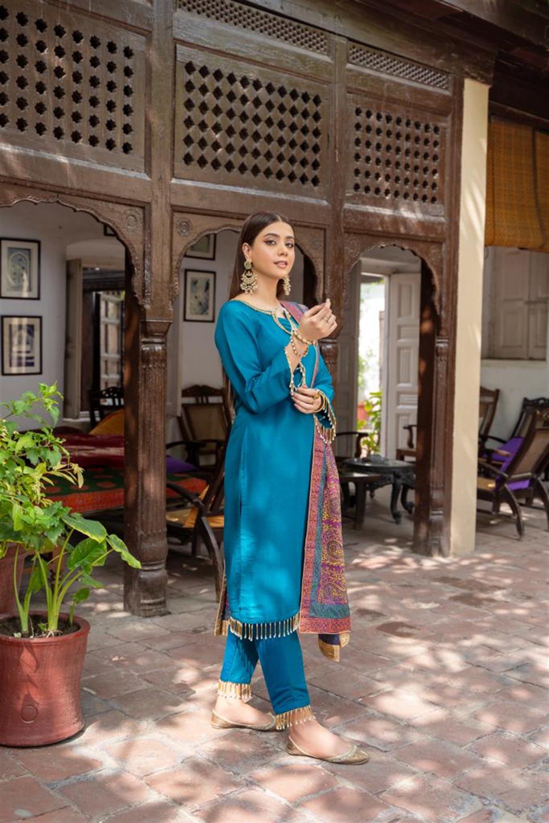 Teal 3 Piece Raw Silk Salwar Kameez with Printed Dupatta