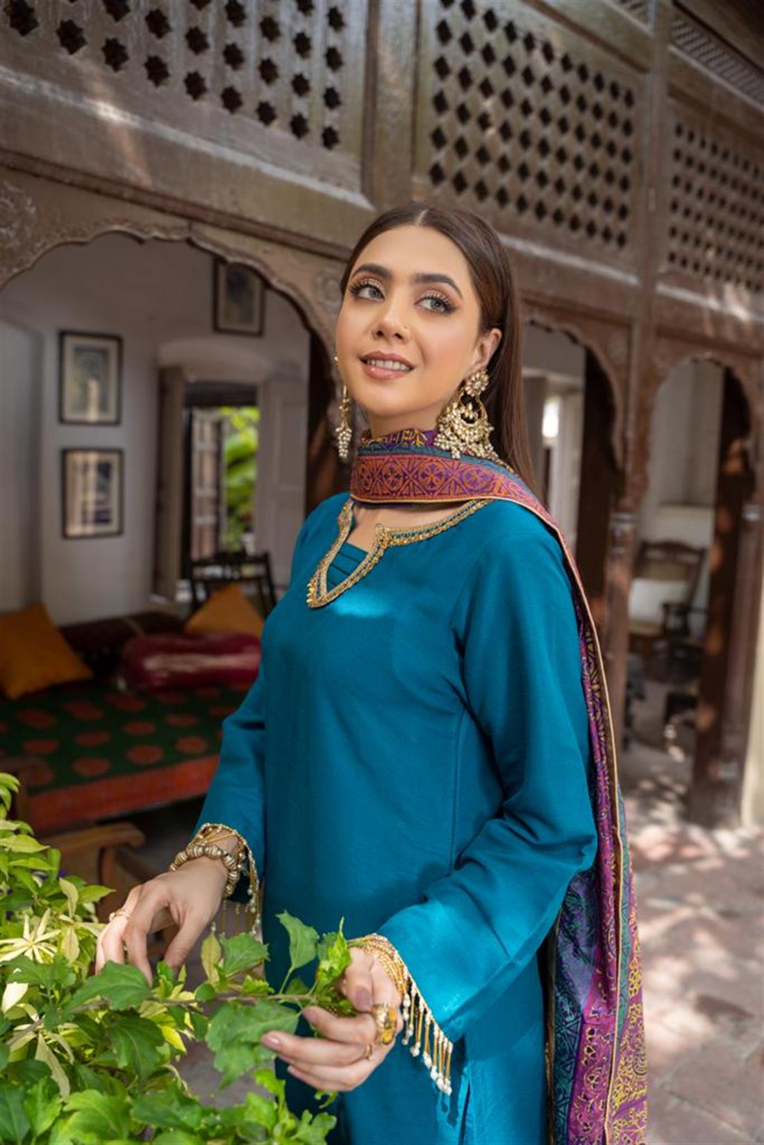 Teal 3 Piece Raw Silk Salwar Kameez with Printed Dupatta