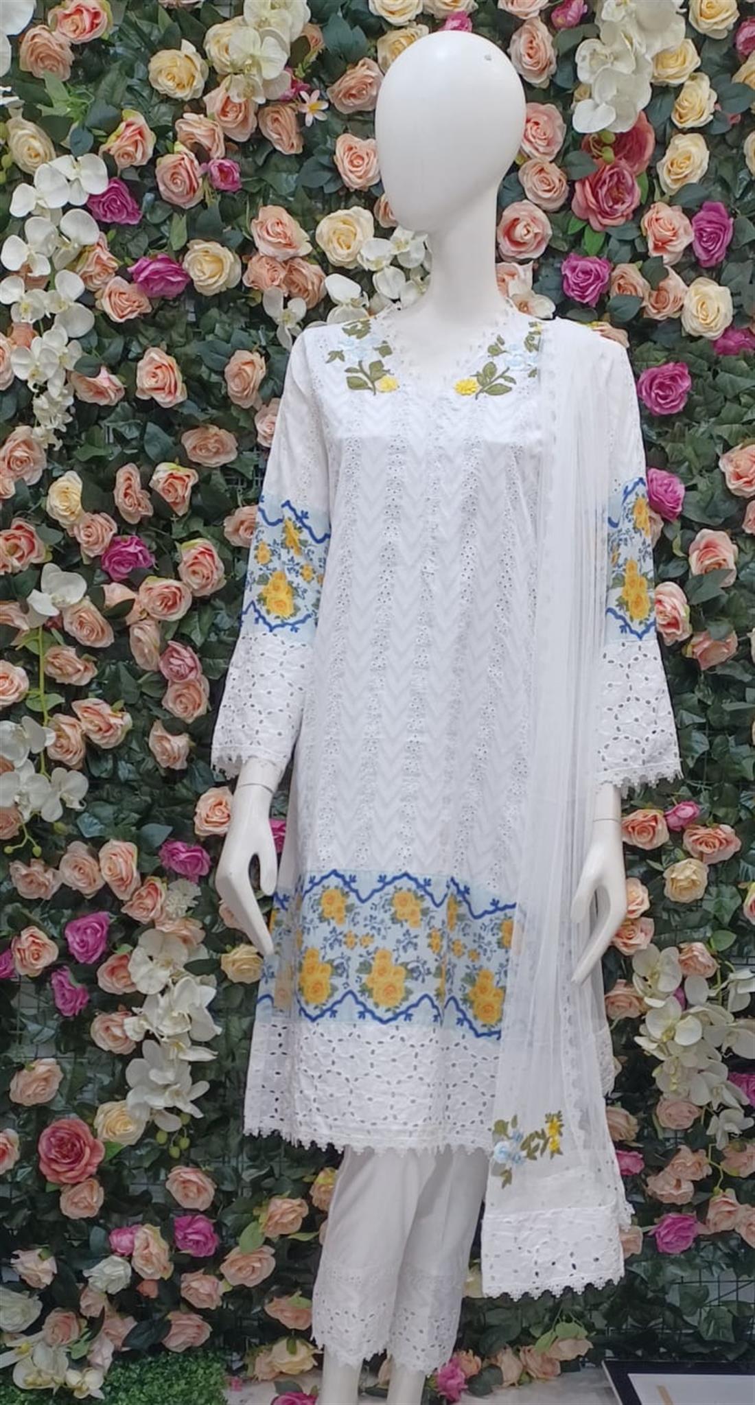 White & Multicolour Cotton White/Multicolour 3 Piece Embroidered Readymade Salwar Suit