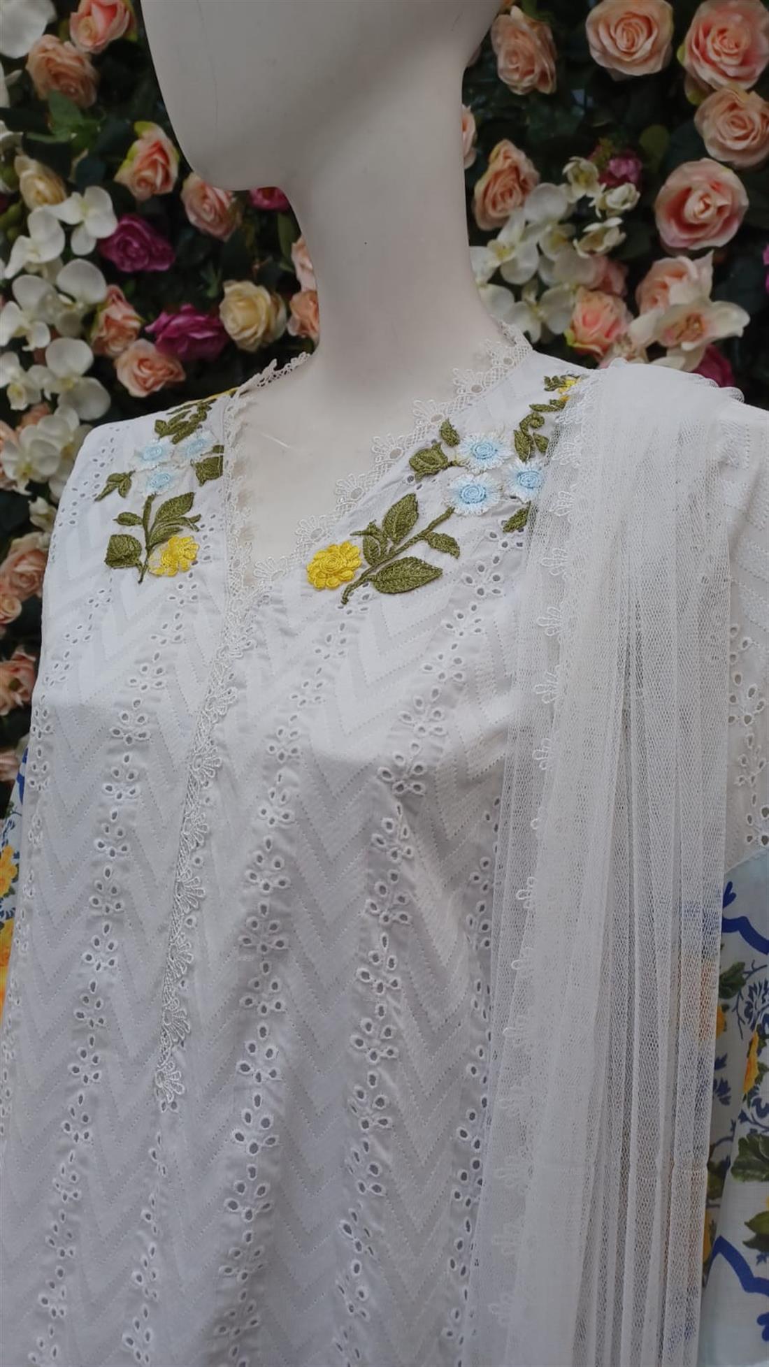 White & Multicolour Cotton White/Multicolour 3 Piece Embroidered Readymade Salwar Suit