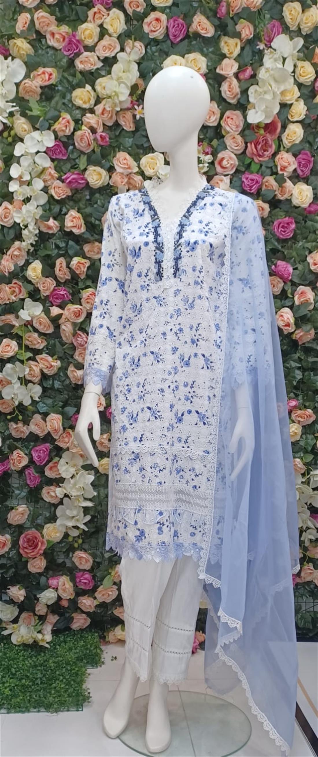 White & Blue Organza White/Blue 3 Piece Ladies Readymade Salwar Suit