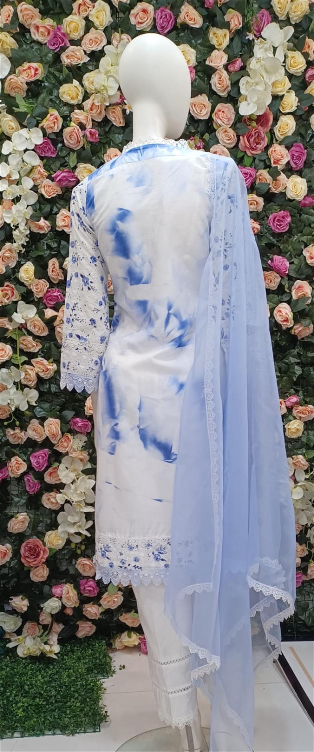 White & Blue Organza White/Blue 3 Piece Ladies Readymade Salwar Suit