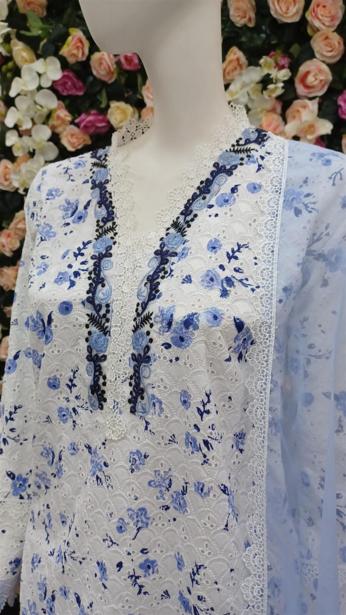 White & Blue Organza White/Blue 3 Piece Ladies Readymade Salwar Suit