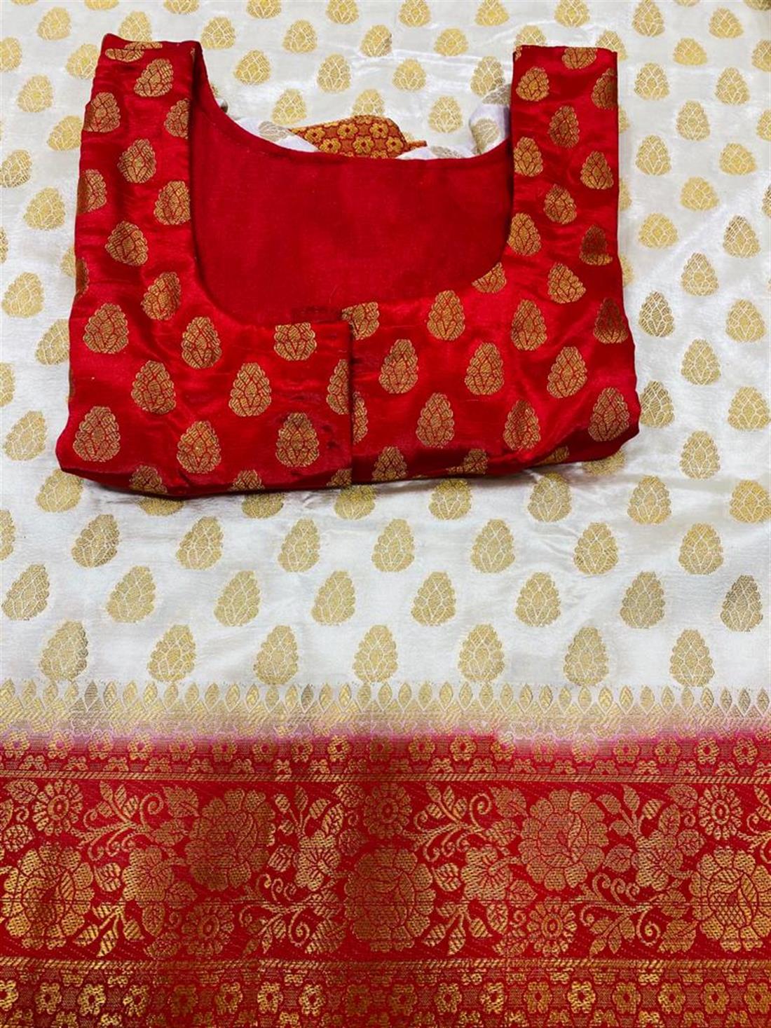 Off White & RED LATEST: Printed Banarasi Saree with Long Sleeve Blouse.