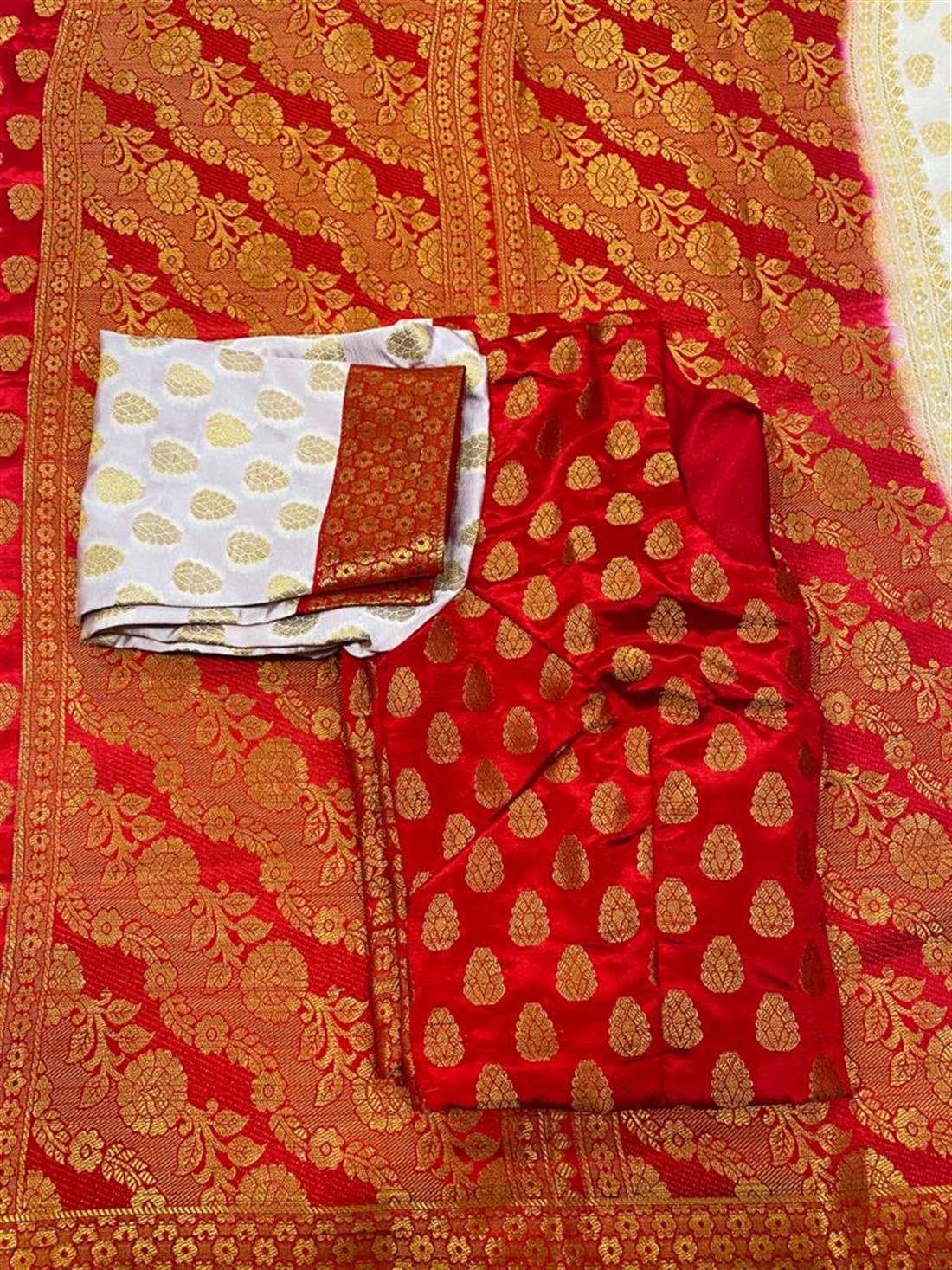 Off White & RED LATEST: Printed Banarasi Saree with Long Sleeve Blouse.