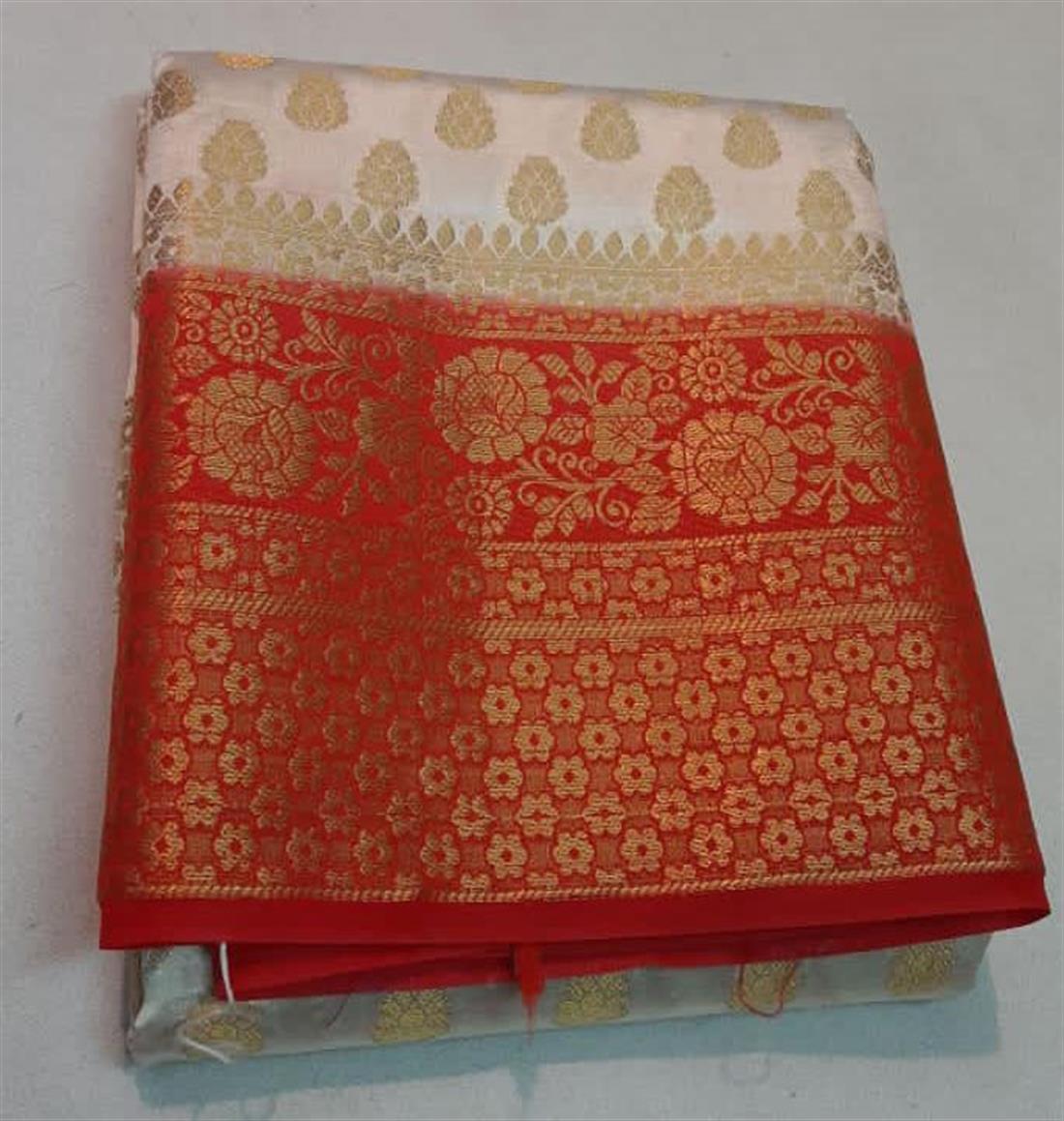 Off White & RED LATEST: Printed Banarasi Saree with Long Sleeve Blouse.