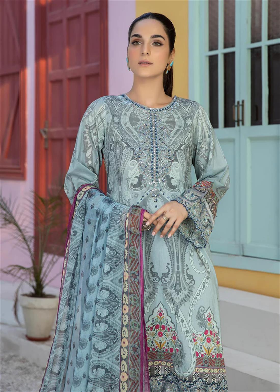 Aqua Blue Readymade Salwar Kameez with Dupatta