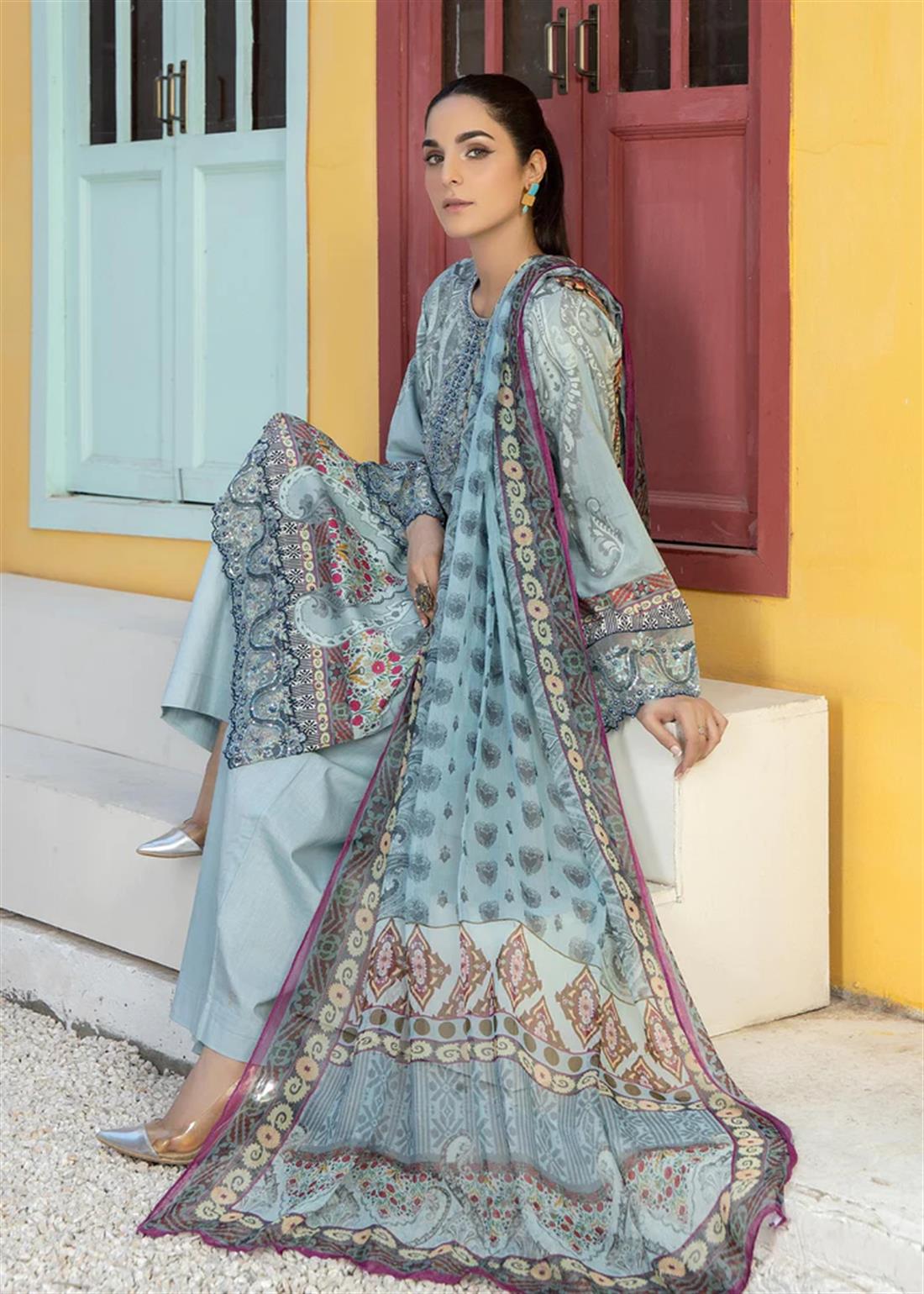 Aqua Blue Readymade Salwar Kameez with Dupatta